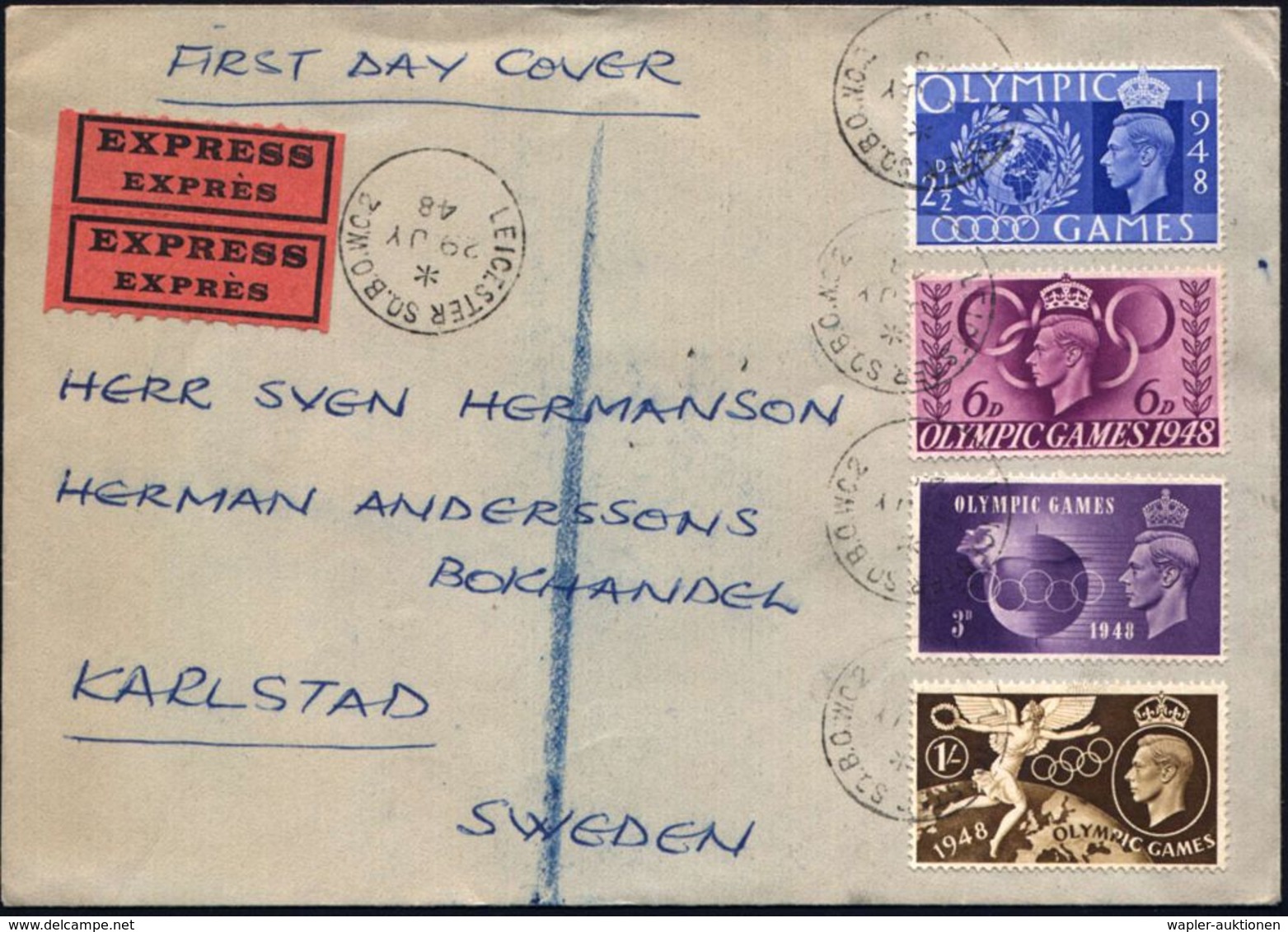 GROSSBRITANNIEN 1948 (29.7.) Olympiade, Kompl. Satz (1K:LEICESTER) Bedarfs- Ausl.-Eil-FDC.!  (Mi.237/40, + 40.- EUR) - - Ete 1948: Londres