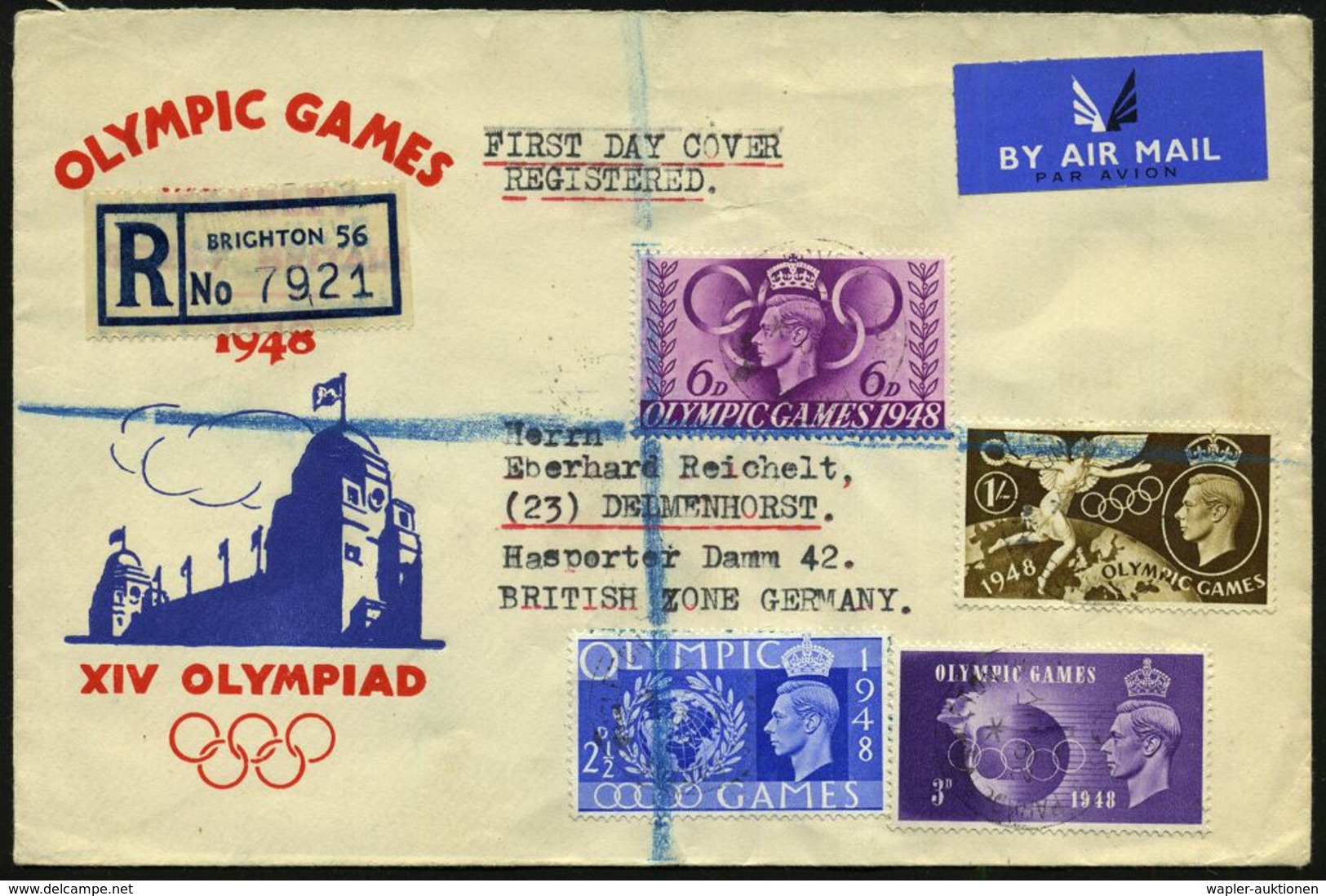 GROSSBRITANNIEN 1948 (29.7.) Olympische Spiele, Kompl. Satz + Bl. RZ: BRIGHTON 56 , Ausl.-R-FDC-SU. (Wembley-Stadion) N. - Ete 1948: Londres
