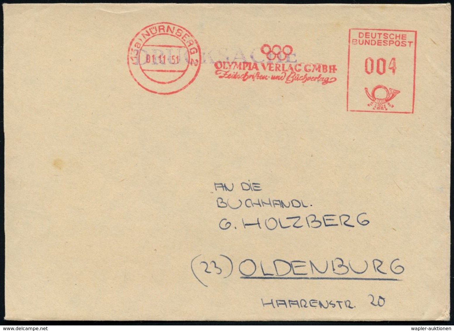 (13a) NÜRNBERG 2/ OLYMPIA VERLAG GMBH... 1951 (1.11.) Seltener AFS Mit Olymp. Ringen , Bedarfs-Vorderseite (Dü.E-23CG) - - Verano 1952: Helsinki