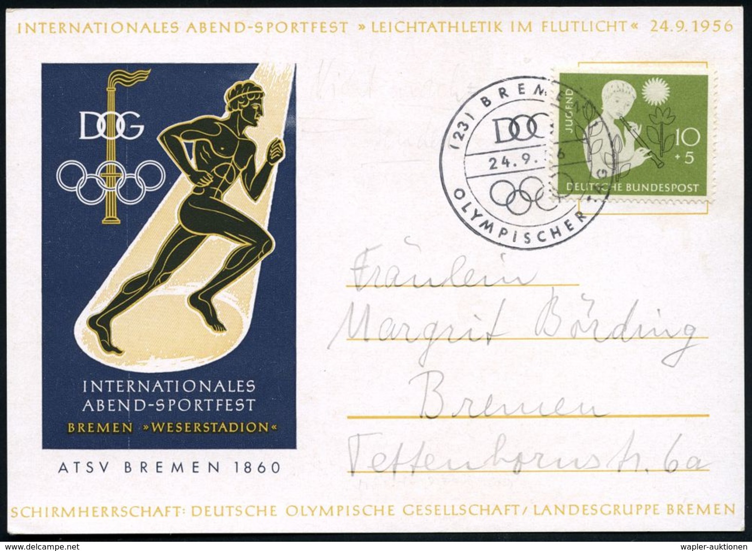 23 BREMEN 1/ DOG/ OLYMPISCHER TAG 1956 (24.9.) SSt. = Olymp. Ringe Auf 10 Pf. Olympiade (Mi.231 EF) Color-Sonderkarte: I - Ete 1956: Melbourne