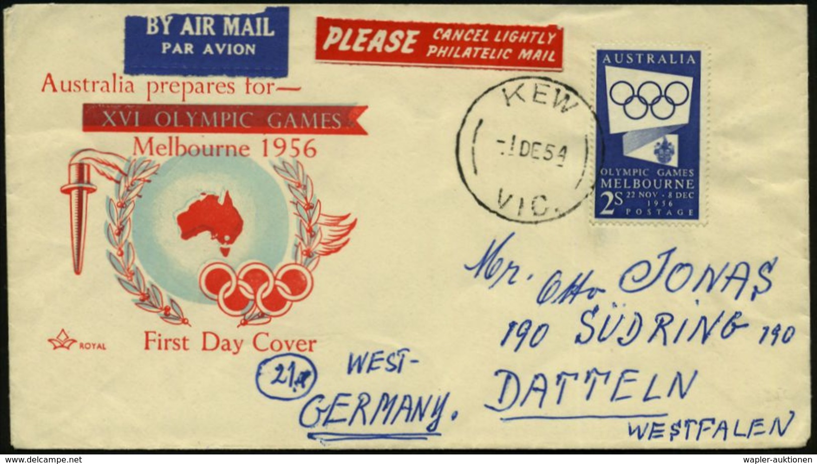 AUSTRALIEN 1954 (1.12.) 2 Sh. "XVI. Olymp. Spiele", Blau, EF , ET-1K: KEW/VIC., Übersee-Flp.-FDC-SU. (Mi.250 EF = FDC) - - Ete 1956: Melbourne