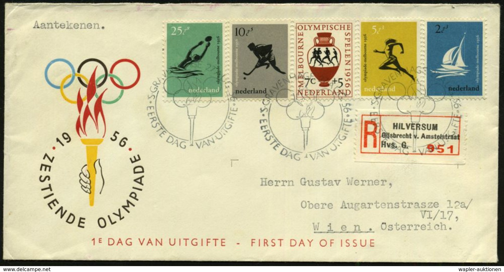 NIEDERLANDE 1956 (27.8.) Olympiade, Kompl. Satz + ET-SSt ('s-GRAVENHAGE) + RZ: Hilversum, Ausl.-R-FDC-SU.  (Mi.678/82) - - Ete 1956: Melbourne