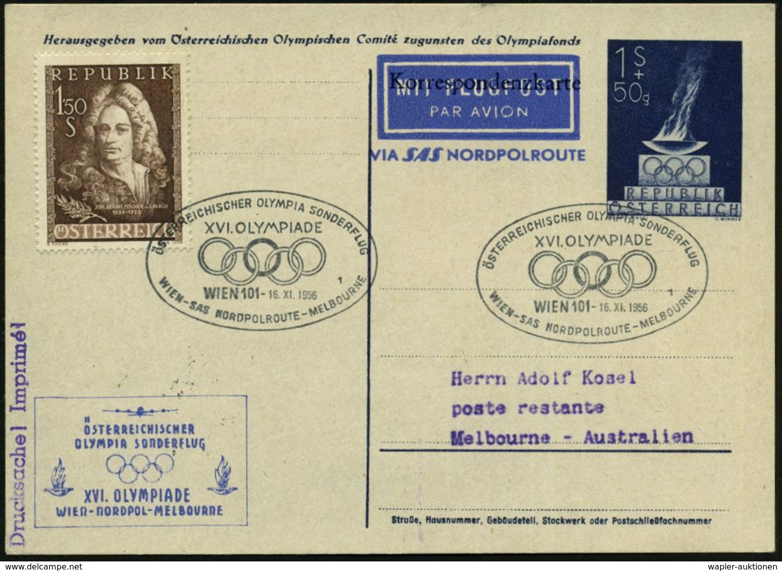 ÖSTERREICH 1956 (16.11.) 1 S. + 50 G. Sonder-P. Olymp. Feuerschale, Blau + Zudruck: Österr. Olympia-Sonderflug XVI. Olym - Sommer 1956: Melbourne