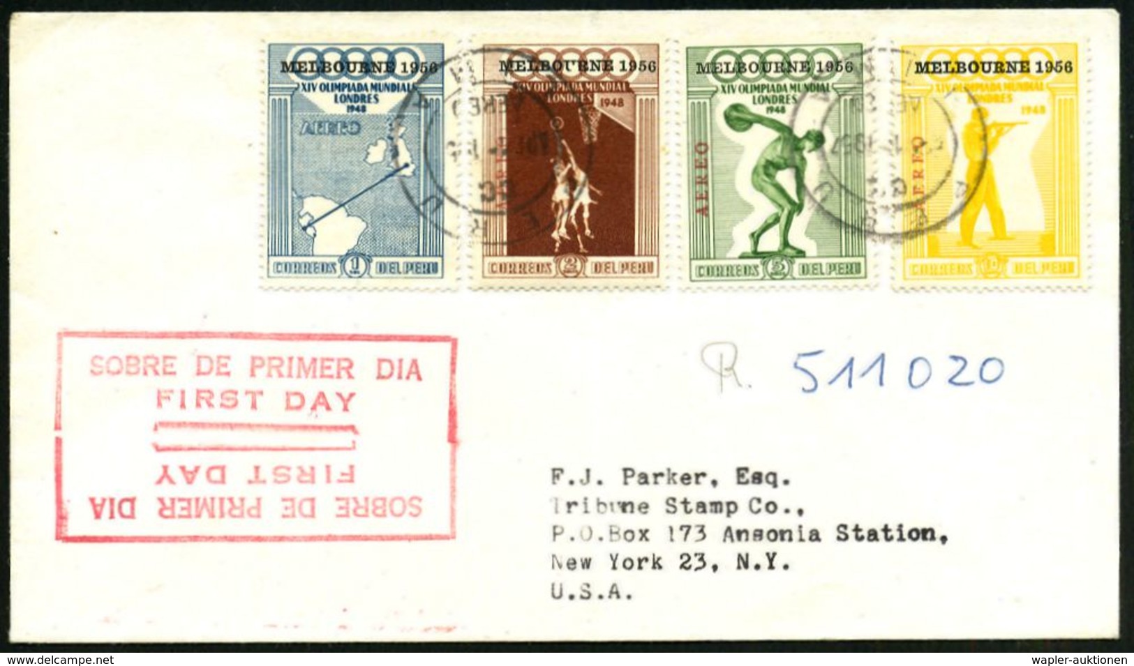 PERU 1956 (15.4.) Olympische Spiele, Kompl. Satz (Basketball, Diskus, Schießen) + Hs. R-Nr. (Lima) Seltener Übersee-R-FD - Ete 1956: Melbourne