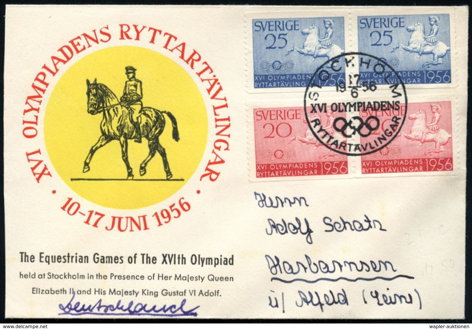 SCHWEDEN 1956 (17.6.) SSt: STOCKHOLM/XVI OLYMPIADENS/RAYTTARTÄVLINGEN Auf Waager. Paaren Reiterolympiade = Antiker Reite - Ete 1956: Melbourne