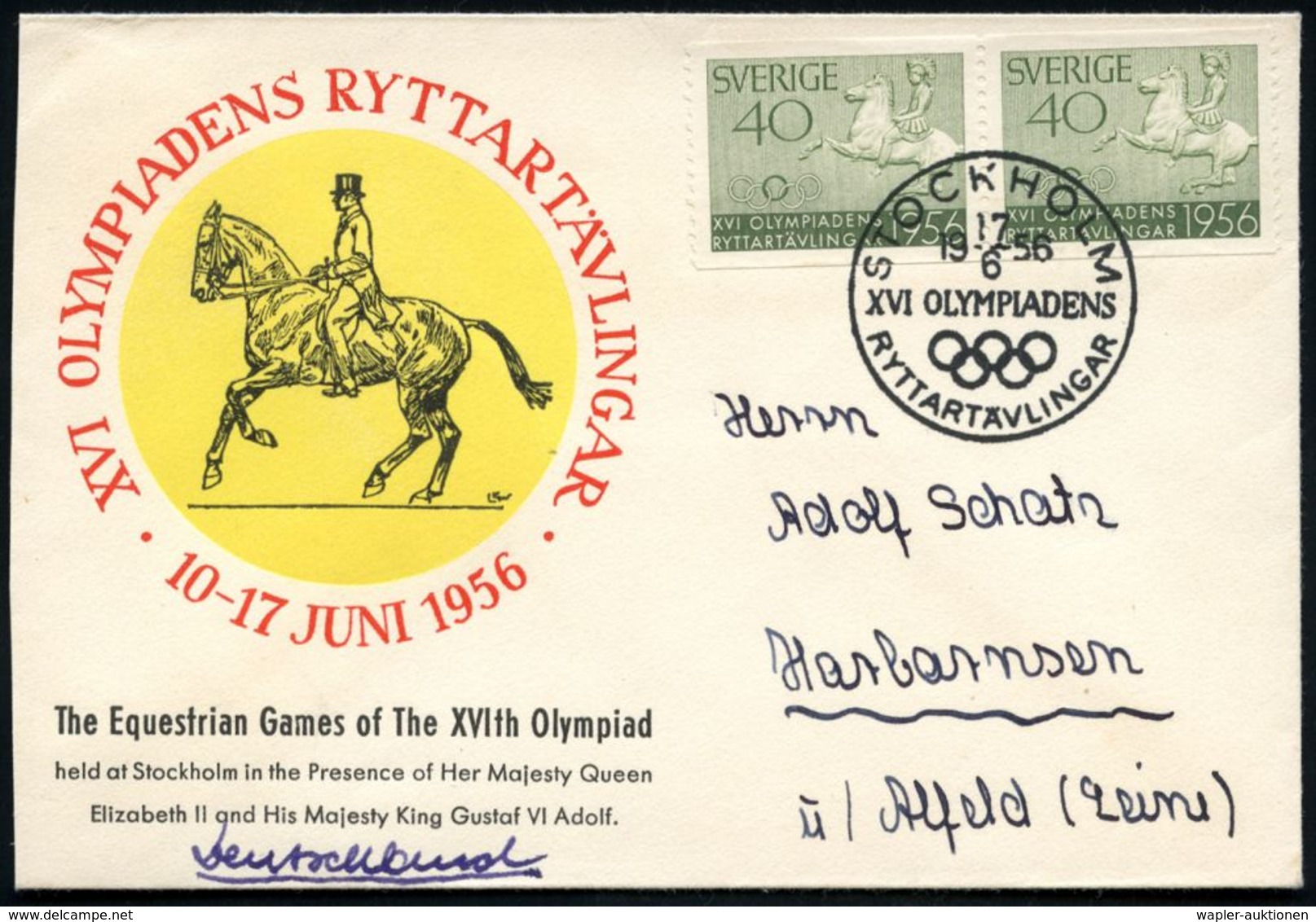 SCHWEDEN 1956 (14.6.) 40 Ö. Olympiade, Waager. Paar = Antiker Reiter + Olympia-SSt.: STOCKHOLM/ XVI OLYMPIADENS/ RYTTART - Estate 1956: Melbourne