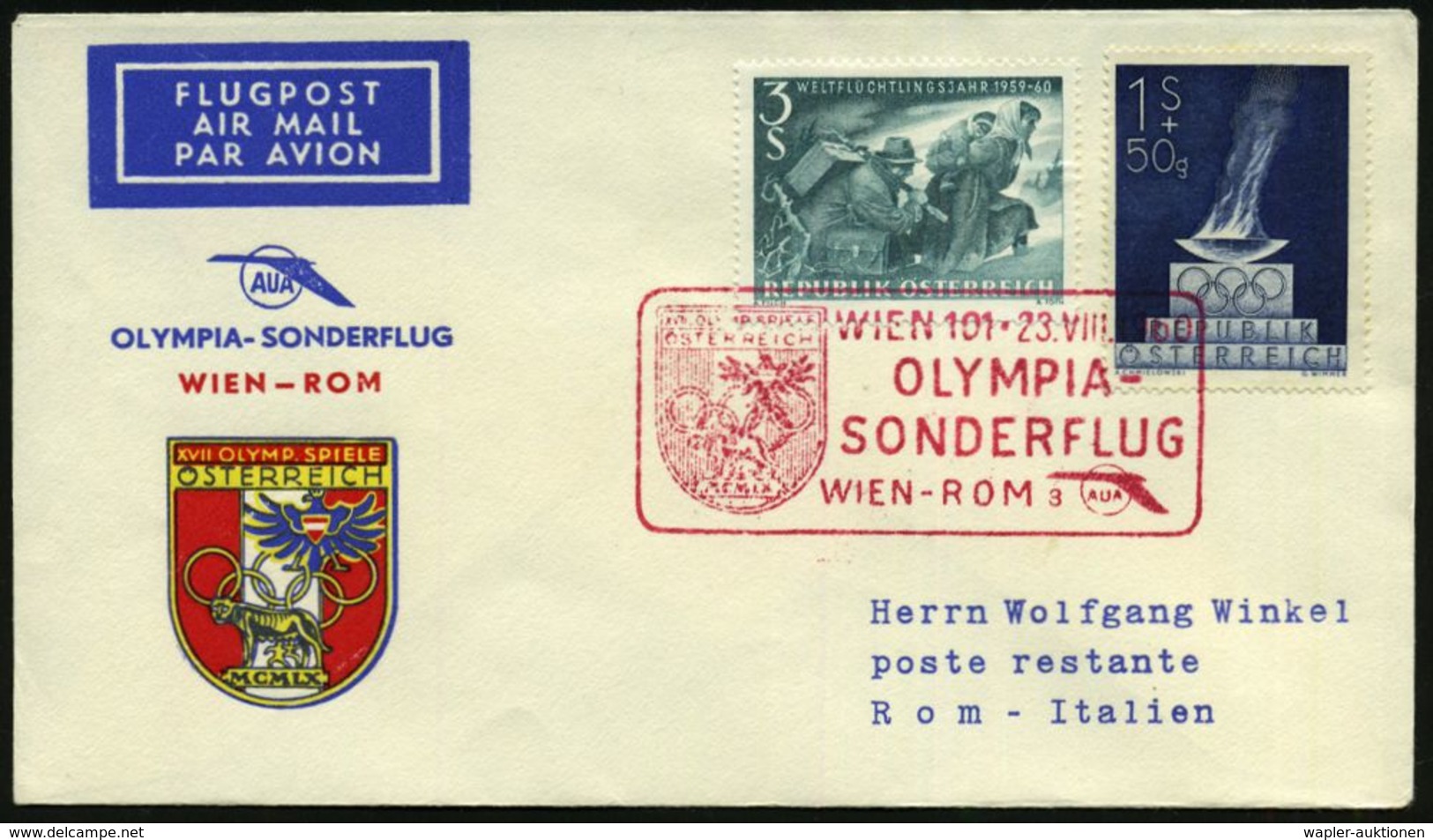 ÖSTERREICH 1960 (23.8.) Roter SSt: WIEN 101/3/OLYMPIA-/SONDERFLUG/WIEN-ROM (Wappen M. Wöflin, Romulus U.Remus) Auf Olymp - Ete 1960: Rome