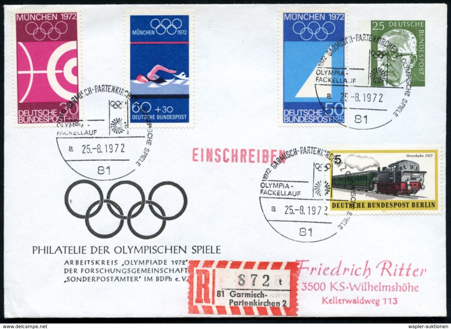 81 GARMISCH-PARTENKIRCHEN 2/ OLYMPIA-/ FACKLLAUF/ A.. 1972 (25.8.) SSt Auf PU 25 Pf. Heinemann, Grün: ARBEITSKREIS "OLYM - Sommer 1972: München