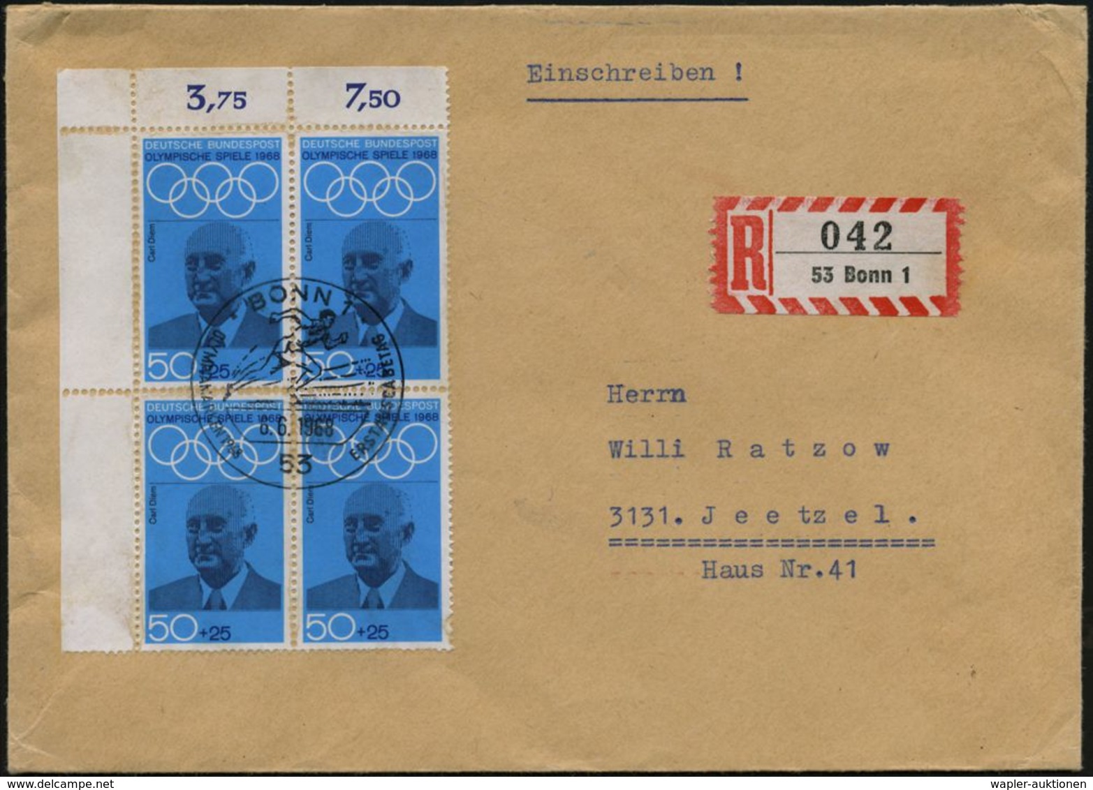 B.R.D. 1968 (6.6.) 50 + 25 Pf. Carl Diem, Bogen-Eckrand-4er-Block = Erfinder Der Olymp. Fackellaufes, Organisator Der Ol - Verano 1972: Munich