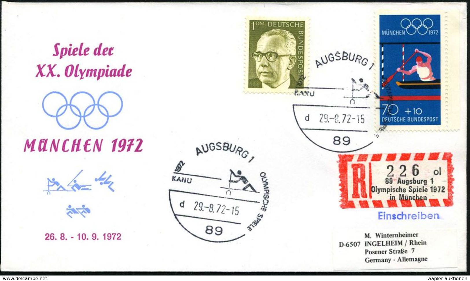 89 AUGSBURG 1/ OLYMP.SPIELE/ KANU 1972 (29.8.) SSt = Kanu-Piktogramm Auf 70 Pf.+ 10 Pf. Kanu-Slalom (Mi.737 U.a.) + Sond - Ete 1972: Munich