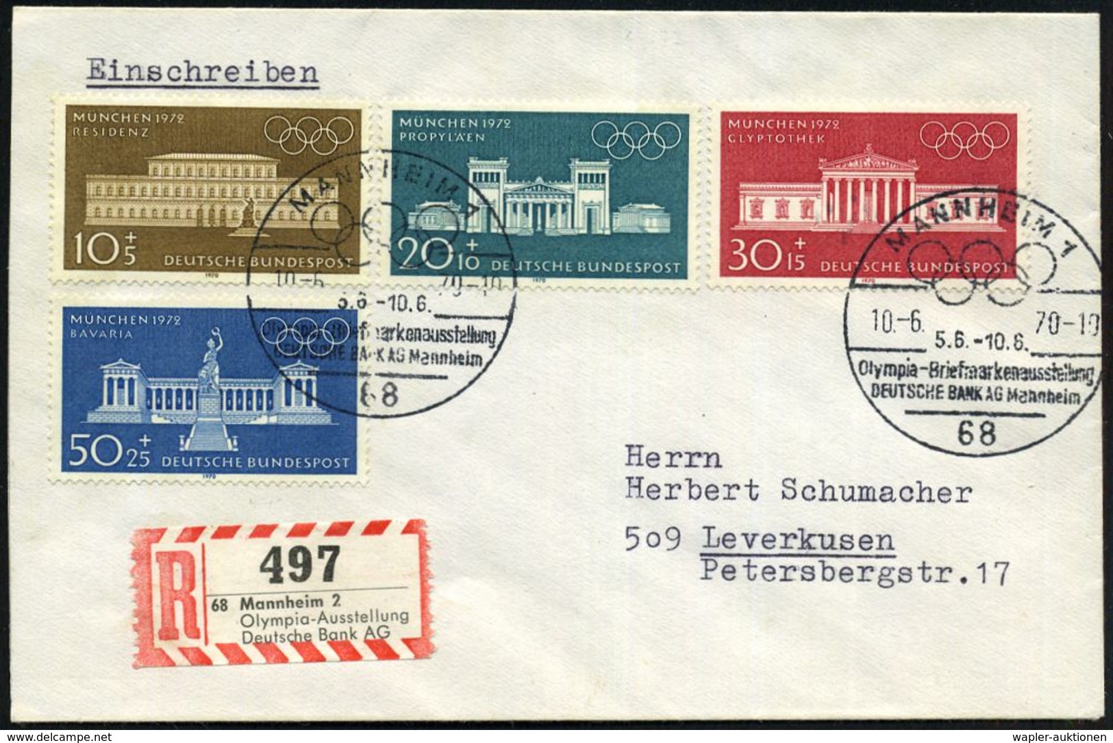 68 MANNHEIM 1/ Olympia-Briefm.Ausst./ DEUTSCHE BANK AG 1970 (10.6.) SSt Auf Kompl. Satz Olympia (Mi.624/27) + Seltener S - Ete 1972: Munich