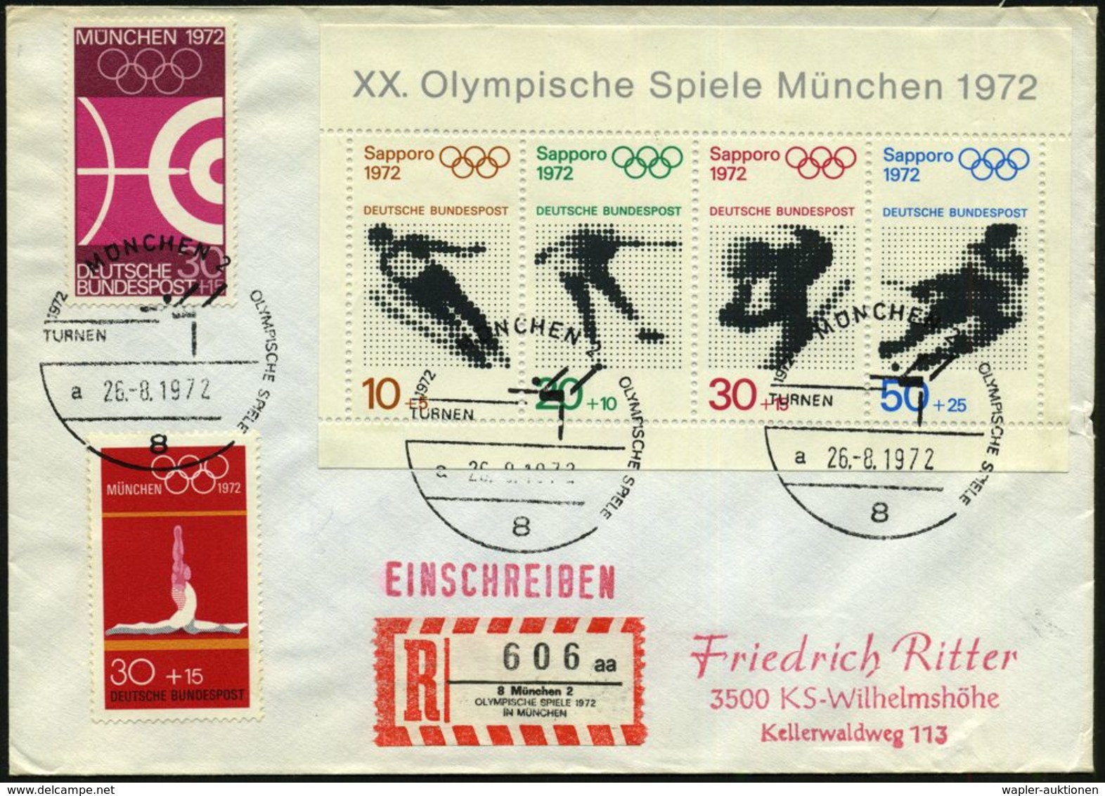 8 MÜNCHEN 2/ TURNEN/ A.. 1972 (26.8.) SSt (Turn-Piktogr.) 3x Auf Olympia-Frankatur (Mi.Bl.6 U.a.) + Sonder-RZ: 8 München - Ete 1972: Munich