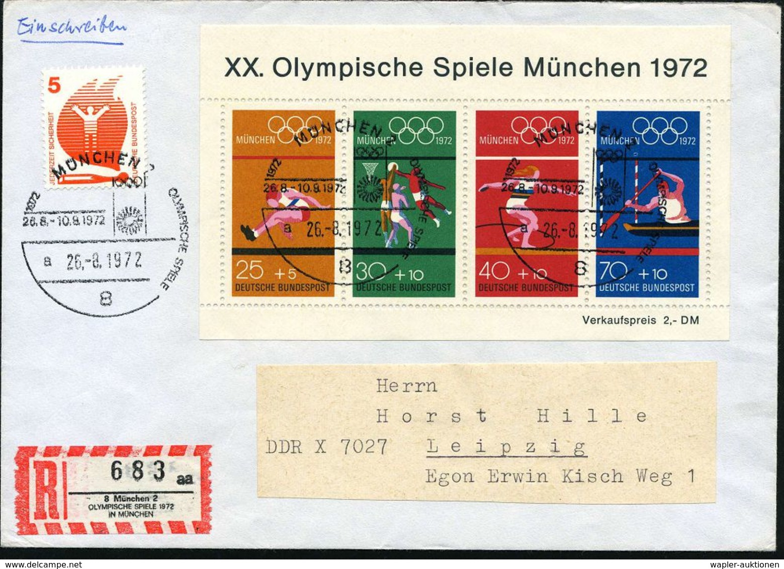 8 MÜNCHEN 2/ OLYMP.SPIELE/ 26.8.-10.9./ A 1972 (26.8.) SSt Vom Eröffnungstag 3x Auf Olympia-Block (Mi.Bl.8 + 25.- EUR) + - Ete 1972: Munich