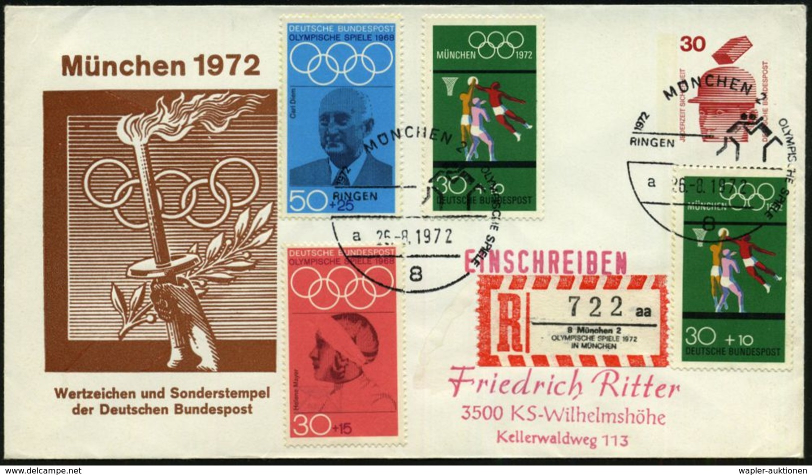 8 MÜNCHEN 2/ RINGEN/ A 1972 (26.8.) SSt = Piktrogr. Ringen, 2x A. PU 30 Pf. Unfall: München 1972 = Hand M.Fackel, Lorbee - Ete 1972: Munich