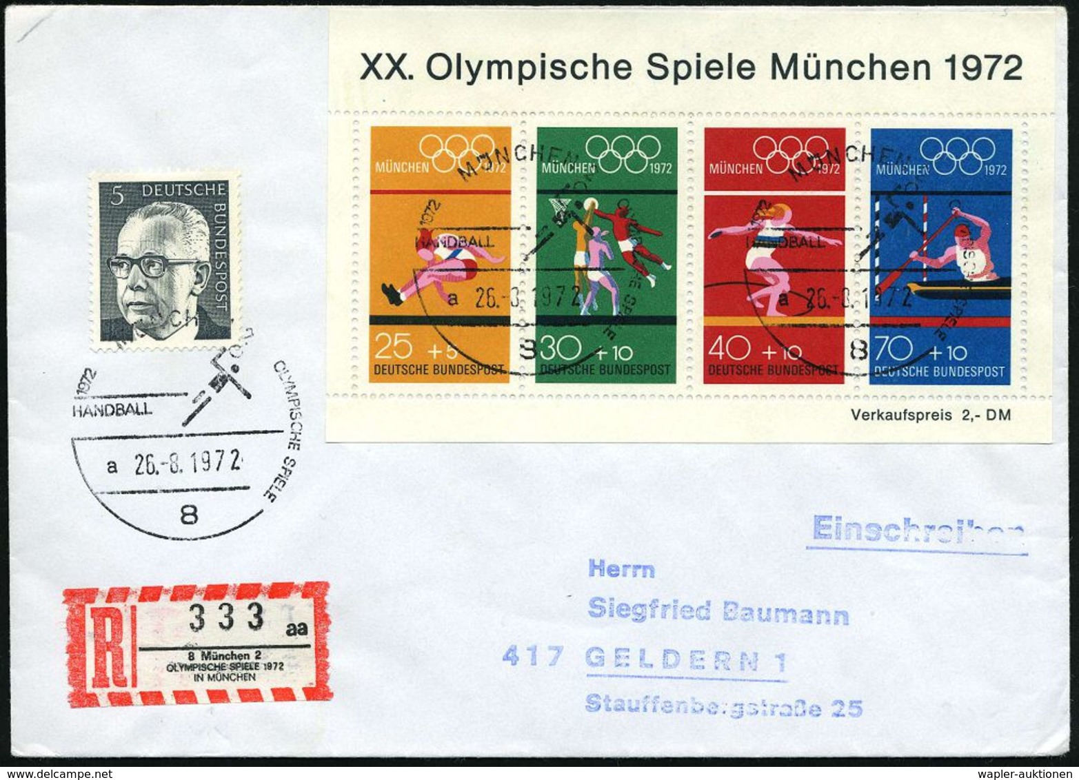 8 MÜNCHEN 2/ OLYMP.SPIELE/ HANDBALL/ A 1972 (26.8.) SSt = Handball-Piktogramm Auf Olympia-Block (Mi.Bl.8 + 25.- EUR Etc. - Ete 1972: Munich