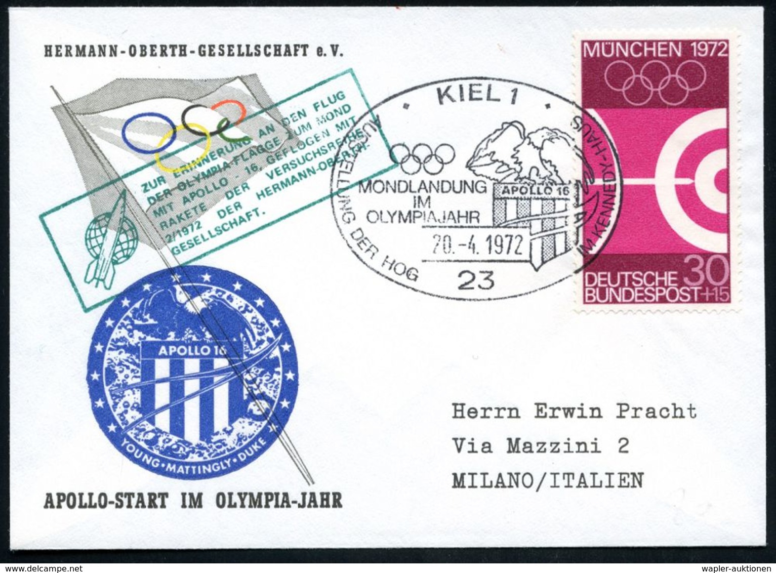 23 KIEL 1/ MONDLANDUNG/ IM/ OLYMPIAJAHR/ AUSSTELLUNG DER HOG 1972 (20.4.) SSt (Apollo-Logo) Auf EF 30 Pf. Olympia Bogens - Ete 1972: Munich