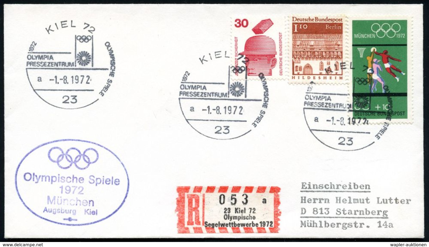 23 KIEL 72/ OLYMPISCHE SPIELE/ OLYMPIA/ PRESSEZENTRUM/ A 1972 (1.8.) SSt Auf Olympia-Frankatur U.a. 2x + HdN: Olympische - Ete 1972: Munich