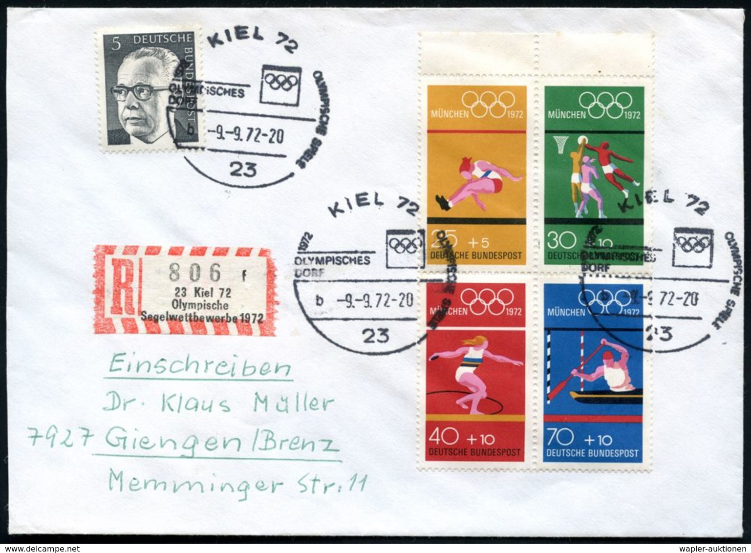 23 KIEL 72/ OLYMPISCHE SPIELE/ OLYMPISCHES/ DORF 1972 (9.9.) SSt 3x Auf Olympia-Zus.-Druck (Mi.MH 22 + 30.- EUR U.a.) +  - Ete 1972: Munich