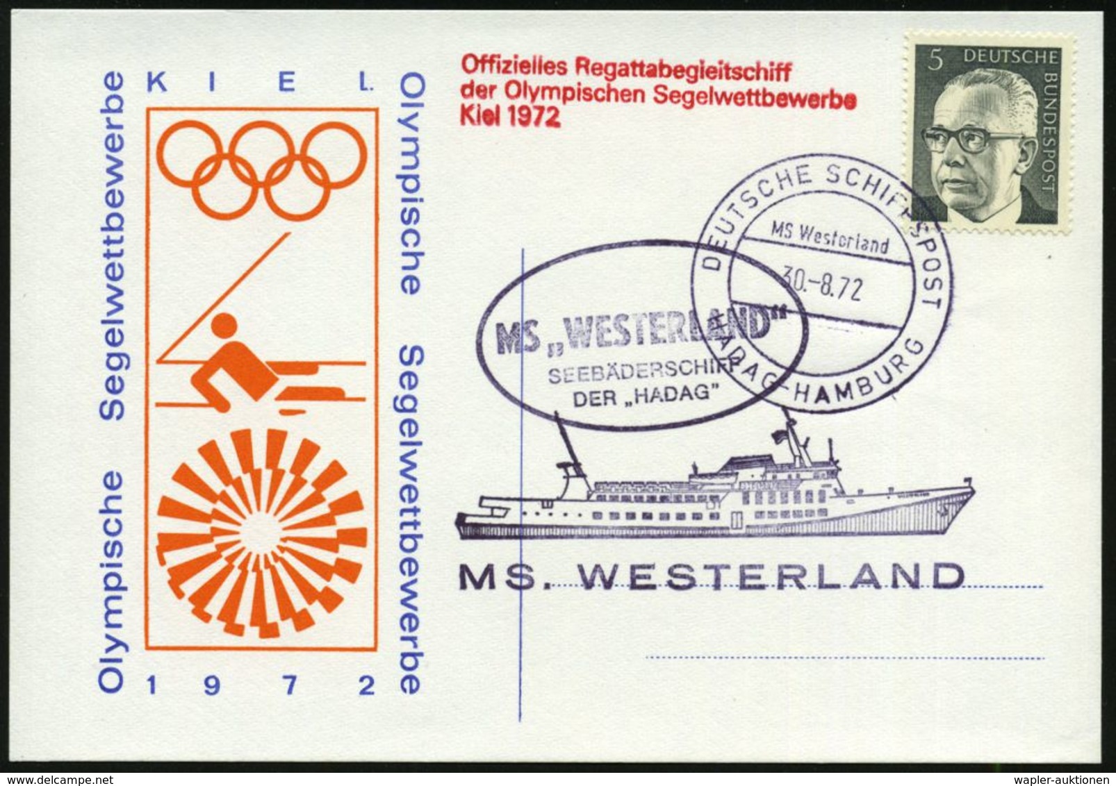 B.R.D. 1972 (30.8.) BPA: DEUTSCHE SCHIFFSPOST/MS Westerland/HADAG-HAMBURG + Div. Olympia-HdN: Offiz. Regattabegleitschif - Ete 1972: Munich
