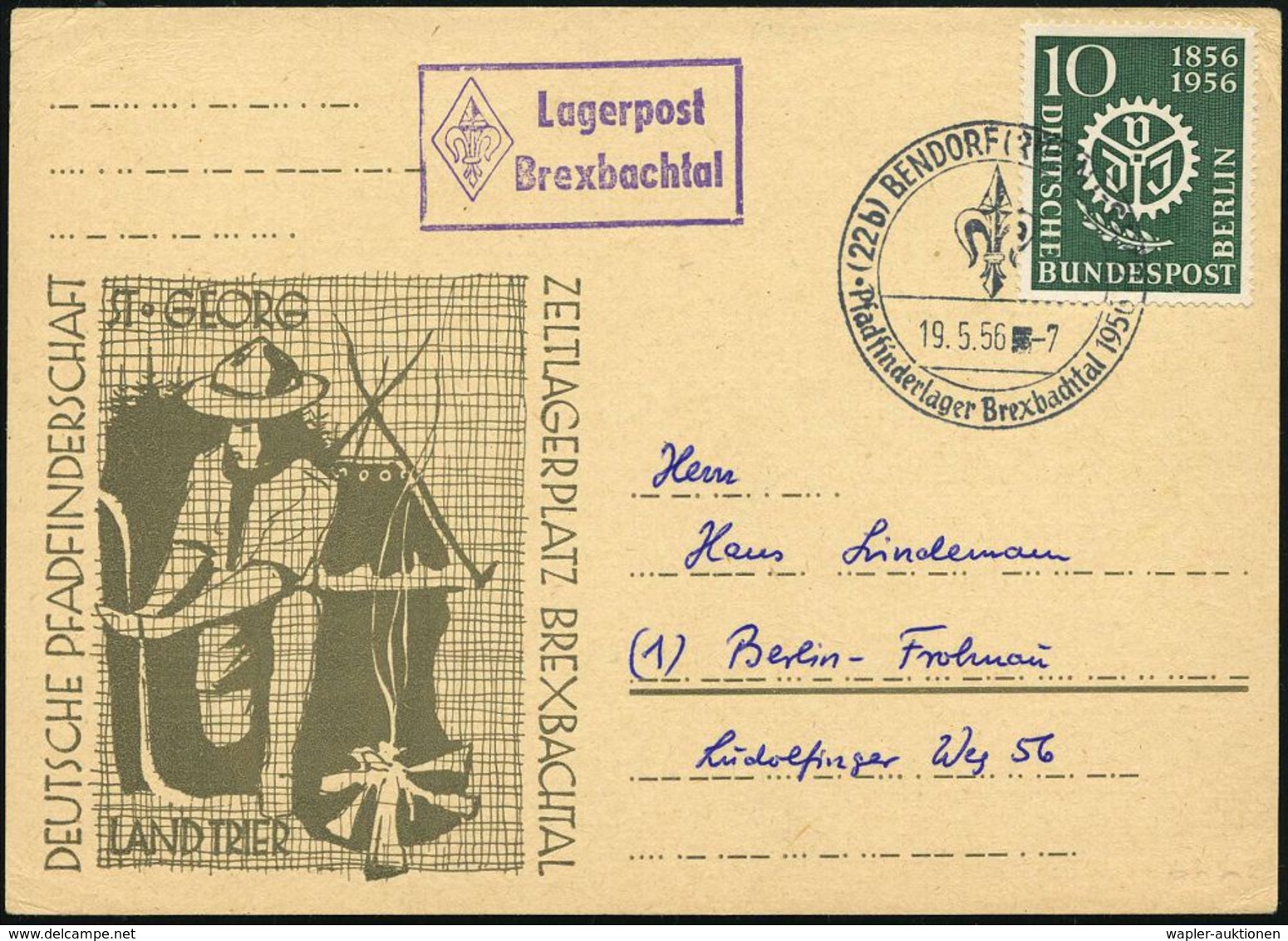 (22b) BENDORF (RHEIN)-SAYN/ Pfadfinderlager Brexbachtal 1956 1956 (19.6.) SSt (Lilie) + Viol. HdN-Ra.2: Lagerpost/ Brexb - Storia Postale