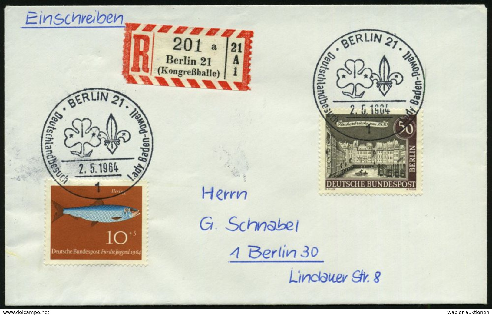 1 BERLIN 21/ Deutschlandbesuch Lady Baden-Powell 1964 (2.5.) SSt (Kleeblatt- U. Lilien-Logo) 2x + Alter Sonder-RZ: Berli - Briefe U. Dokumente
