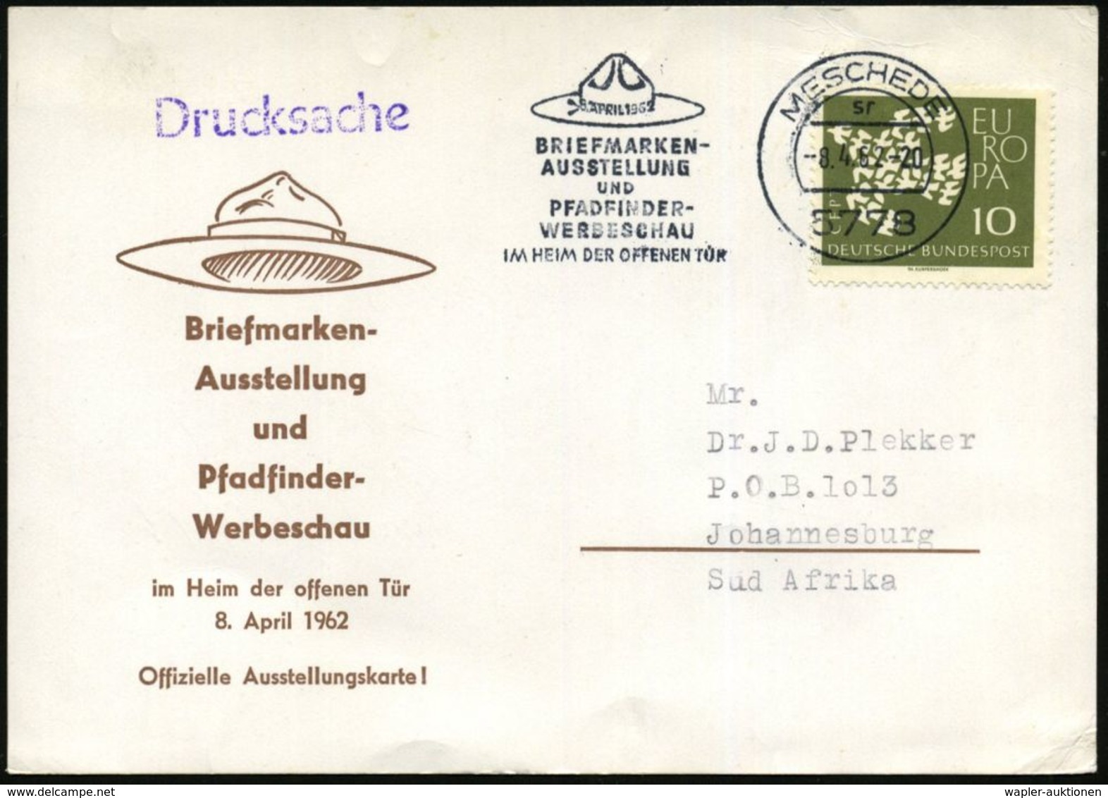 5773 MESCHEDE/ Sr/ BRIEFMARKEN-/ AUSSTELLUNG/ UND/ PFADFINDER-/ WERBESCHAU:: 1962 (8.4.) MWSt = Pfadfinderhut , Klar Ges - Storia Postale