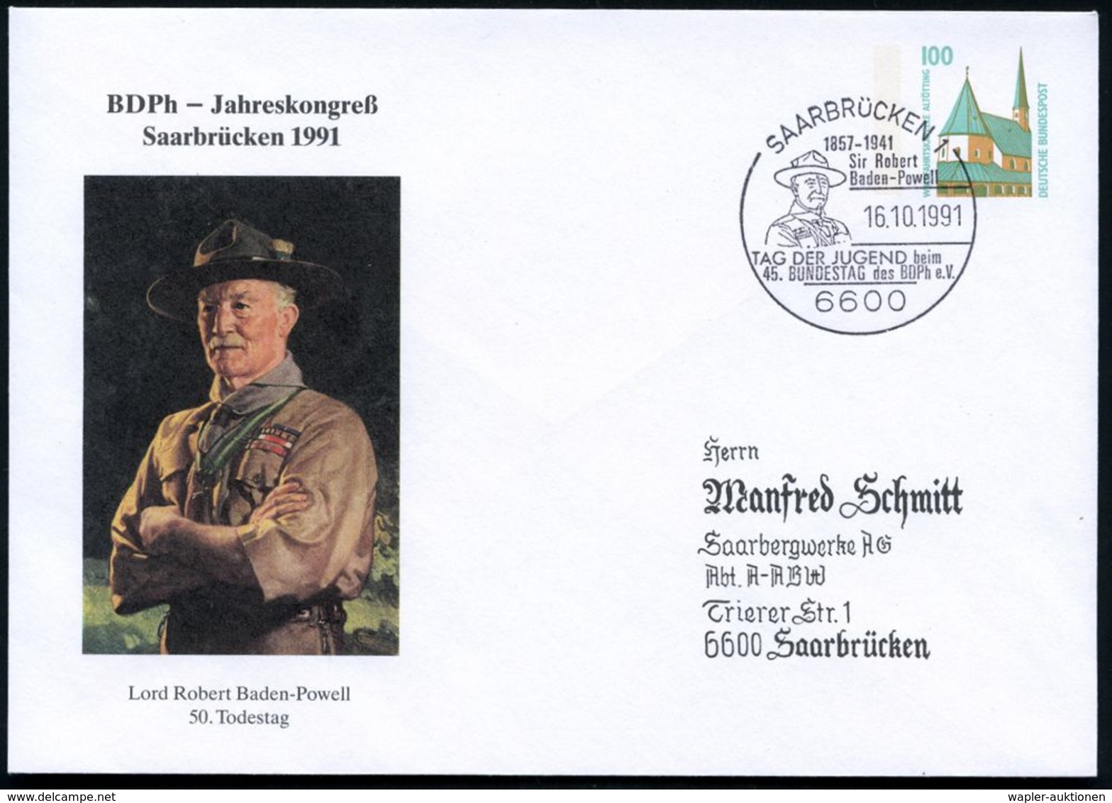 6600 SAARBRÜCKEN 1/ 1857-1941/ Sir Robert/ Baden-Powell.. 1991 (16.10.) SSt = Brustbild Baden-Powell Auf Motivgl. PU 100 - Cartas & Documentos