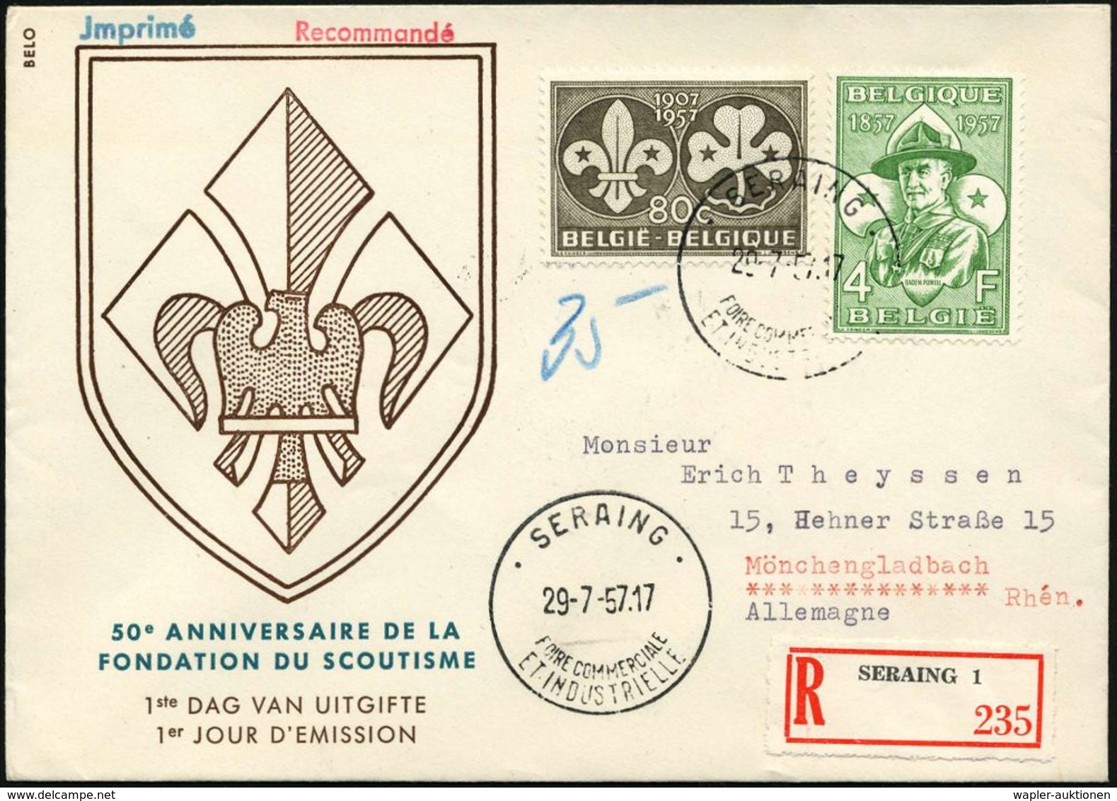 BELGIEN 1957 (29.7.) "50 Jahre Scout-Bewegung", überkompl. Satz (1x 80 C. Rs. U.a.) ET-St + RZ: SERAING 1, Ausl.-R-FDC-S - Cartas & Documentos