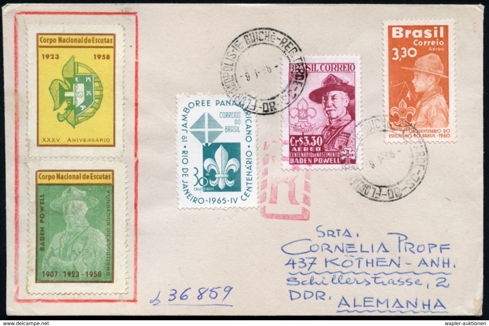 BRASILIEN 1966 (9.8.) 3 Verschiedene Scout-Marken, Dabei Baden-Powell + 2 Jubil.-Vignetten: Corpo Nacional De Escutas (1 - Cartas & Documentos