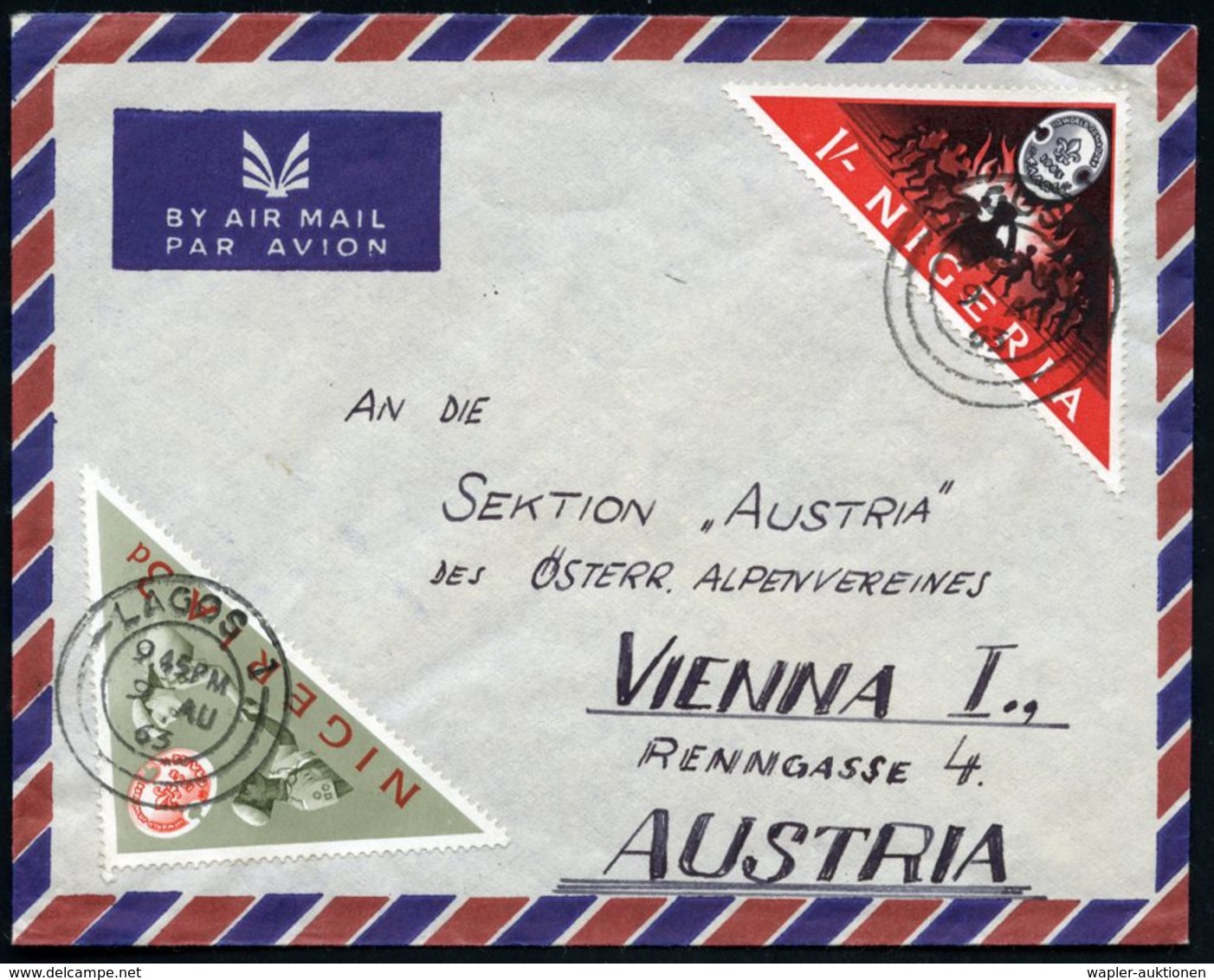 NIGERIA !)&§ ():(:) "11. Welt-Jamboree", Kompl. Satz , Klar Gest. (LAGOS) Übersee-Flp.-Bf. (Mi.136/37) - - Storia Postale