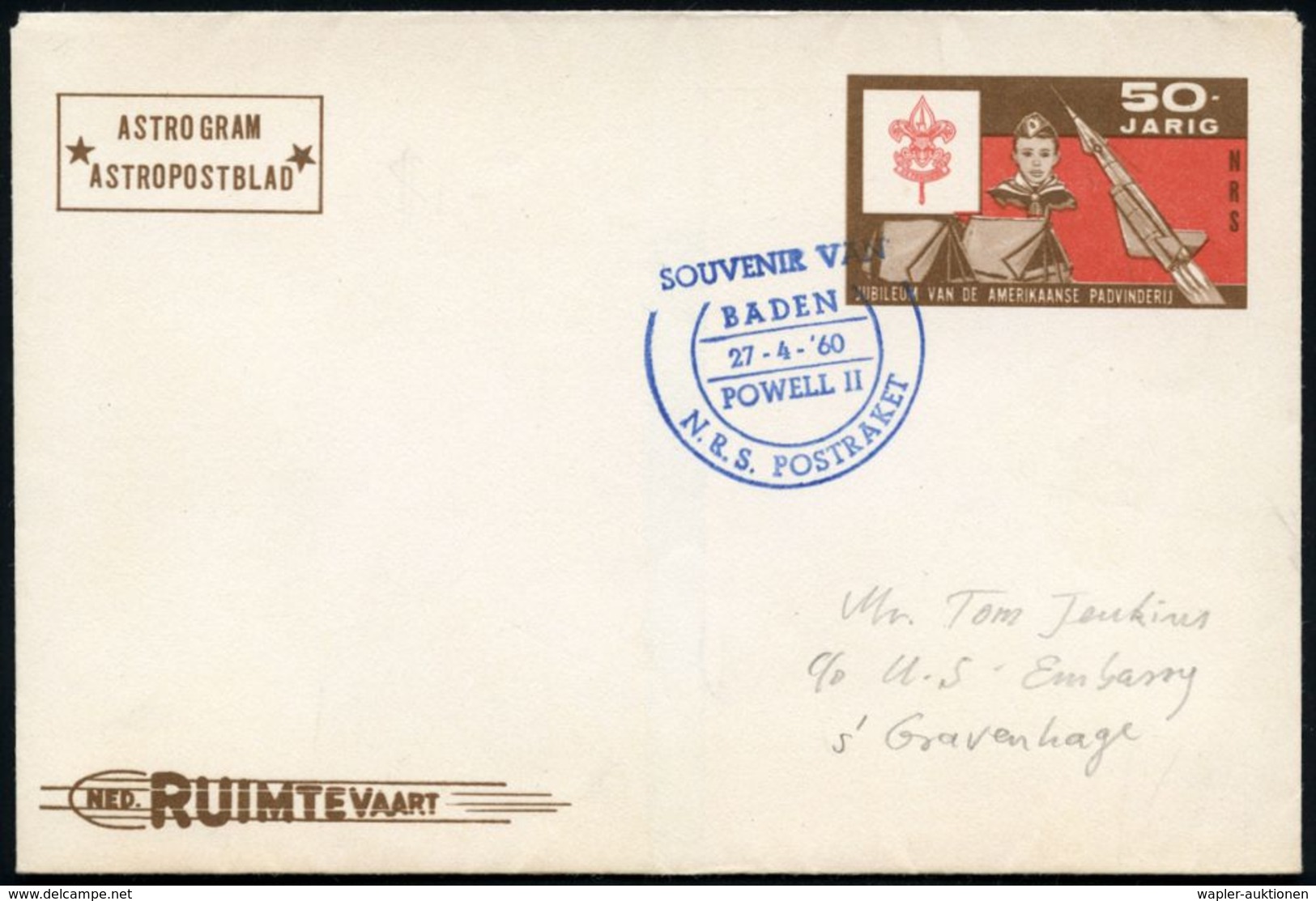 NIEDERLANDE 1960 (27.4.) "Astrogramm" Raketenpost "BADEN POWELL II POSTRAKETE", Jubil.-Vign:. 50 JARIG NRS (US-Scouts 50 - Storia Postale