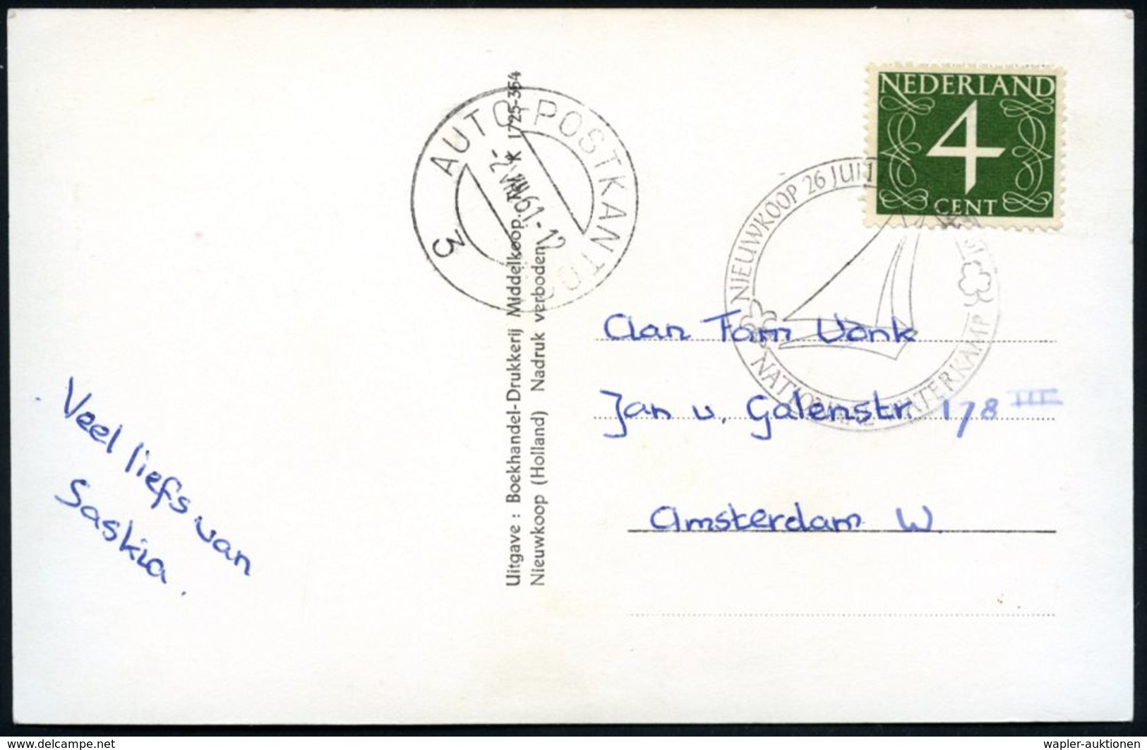 NIEDERLANDE 1961 (2.8.) SSt.: NIEUWKOOP/NATIONAAL WATERKAMP (Scout-Symbole) + 1K: AUTOPOSTKANTOOR/3 (= Mobiles PA) S/w.- - Storia Postale
