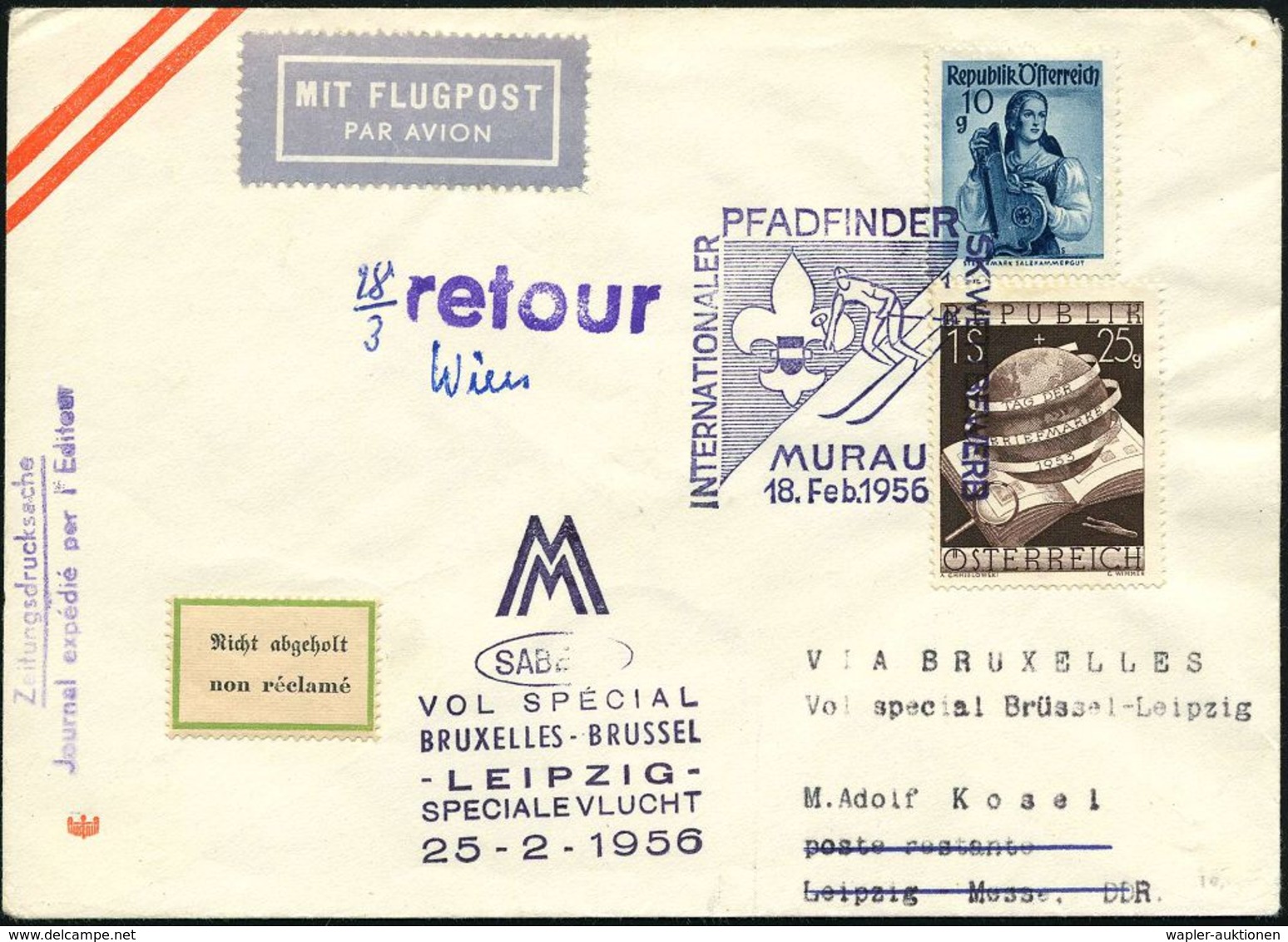 ÖSTERREICH 1956 (18.2.) Viol. SSt: MURAU/INTERNAT./PFADFINDER/SKIWETTBEWERB (Abfahrtsläufer, Lilie) + Viol. Erstflug-HdN - Cartas & Documentos