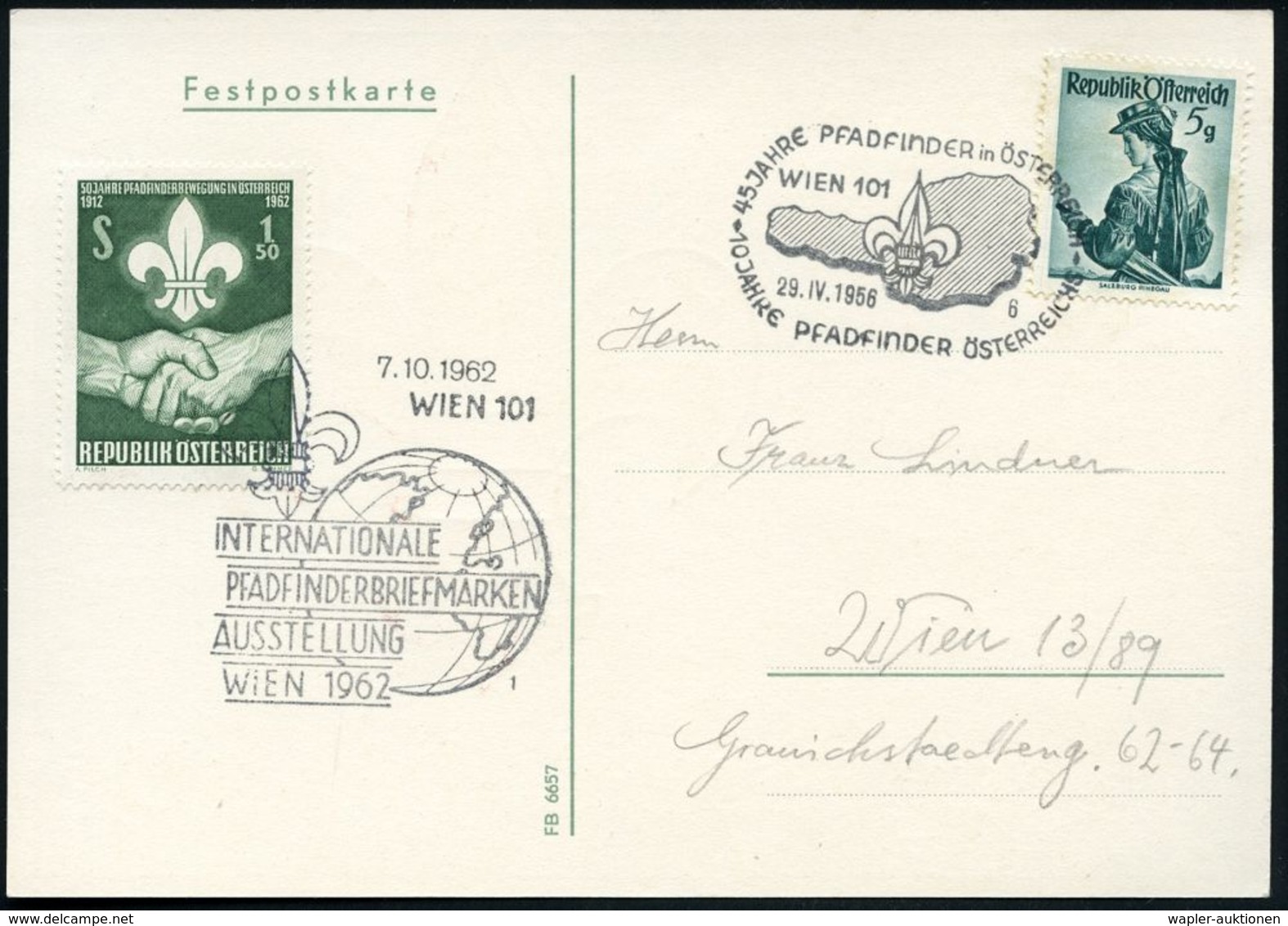 ÖSTERREICH 1962 (7.10.) SSt.: WIEN 101/1/INTERNAT./PFADFINDERMARKEN/AUSSTELLUNG (Lili Vor Globus) Auf 1,50 S. "50 Jahre  - Storia Postale