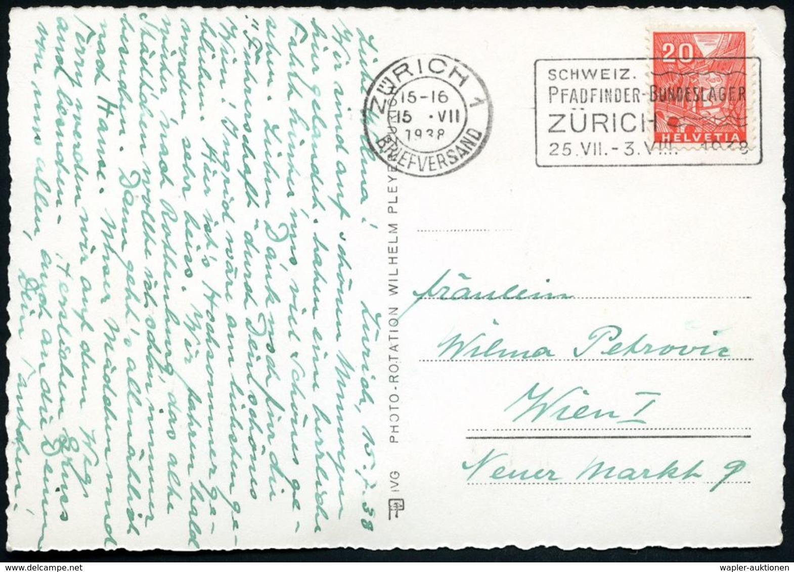 SCHWEIZ 1938 (15.7.) MWSt.: ZÜRICH 1/SCHWEIZ./PFADFINDER-BUNDESLAGER/ZÜRICH.. , Seltene Bedarfs-Kt. - - Cartas & Documentos