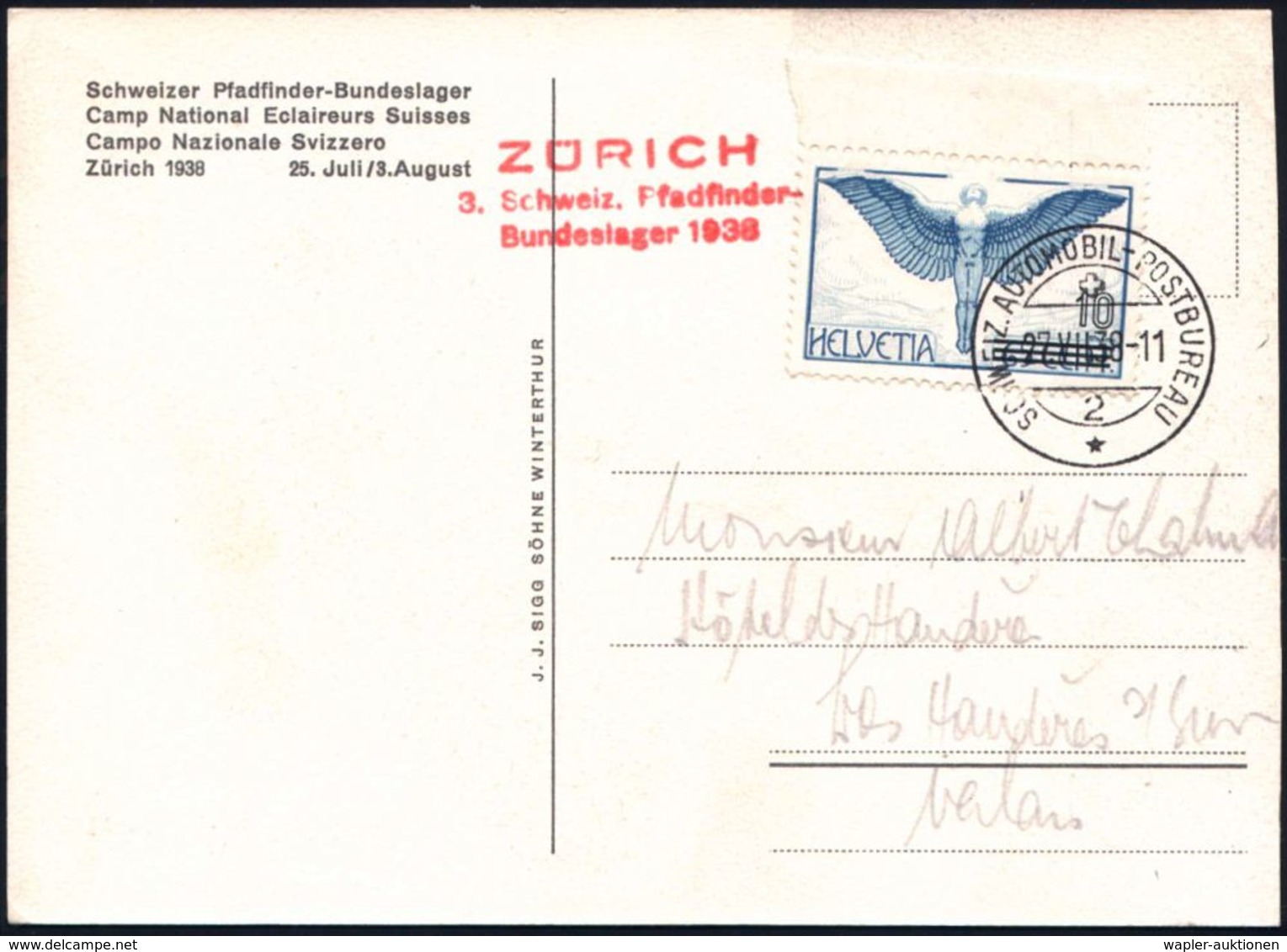 SCHWEIZ 1938 (27.8.) Roter Amtl.3L: ZÜRICH/3. Schweiz. Pfadfinder-/Bundeslager + 1K: AUTO-PA Nr.2, Künstler-Color-Sonder - Cartas & Documentos