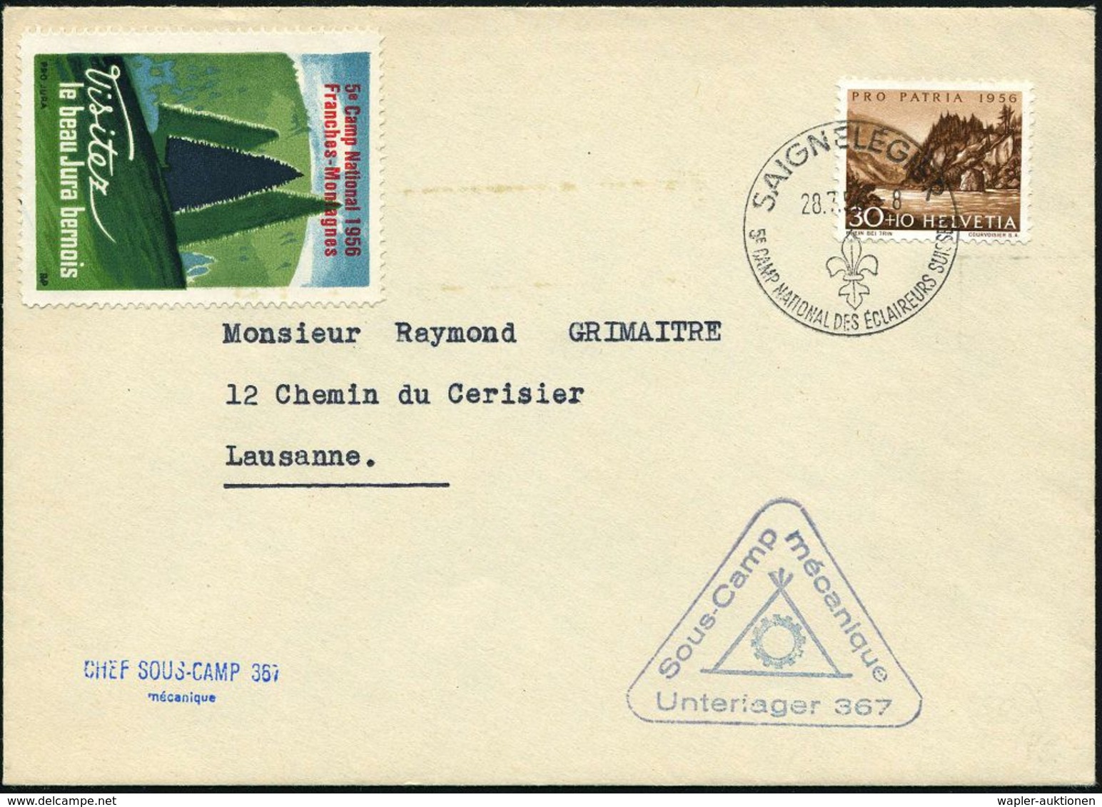 SCHWEIZ 1956 (28.7.) Seltener SSt.: SAIGNELEGIER/5e CAMP NATIONAL DES ECLAIREUERS SUISSES (Lilie) + Color-Vign.: 5e Camp - Storia Postale