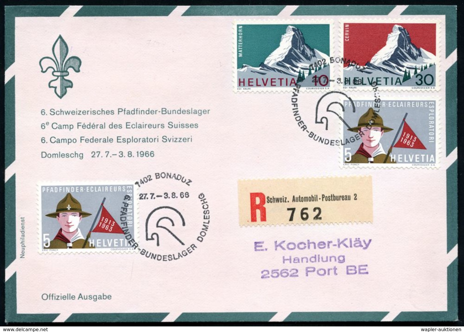 SCHWEIZ 1966 SSt: 7402 BONADUZ/6. PFADFINDER BUNDESLAGER DOMLESCHG (Stilis. Steinbock) 2x Auf 2x 5 C. Scout (Mi.768 U.a. - Briefe U. Dokumente