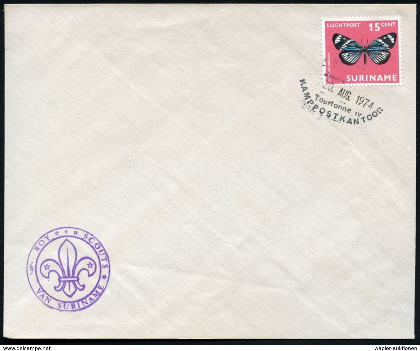 SURINAM 1974 (20.8.) Seltener SSt.: Tourtonne  IV KAMPPOSTKANTOOR = Scout-Kamp + Viol. HdN: BOY SCOUT VAN SURINAME (o.A. - Storia Postale