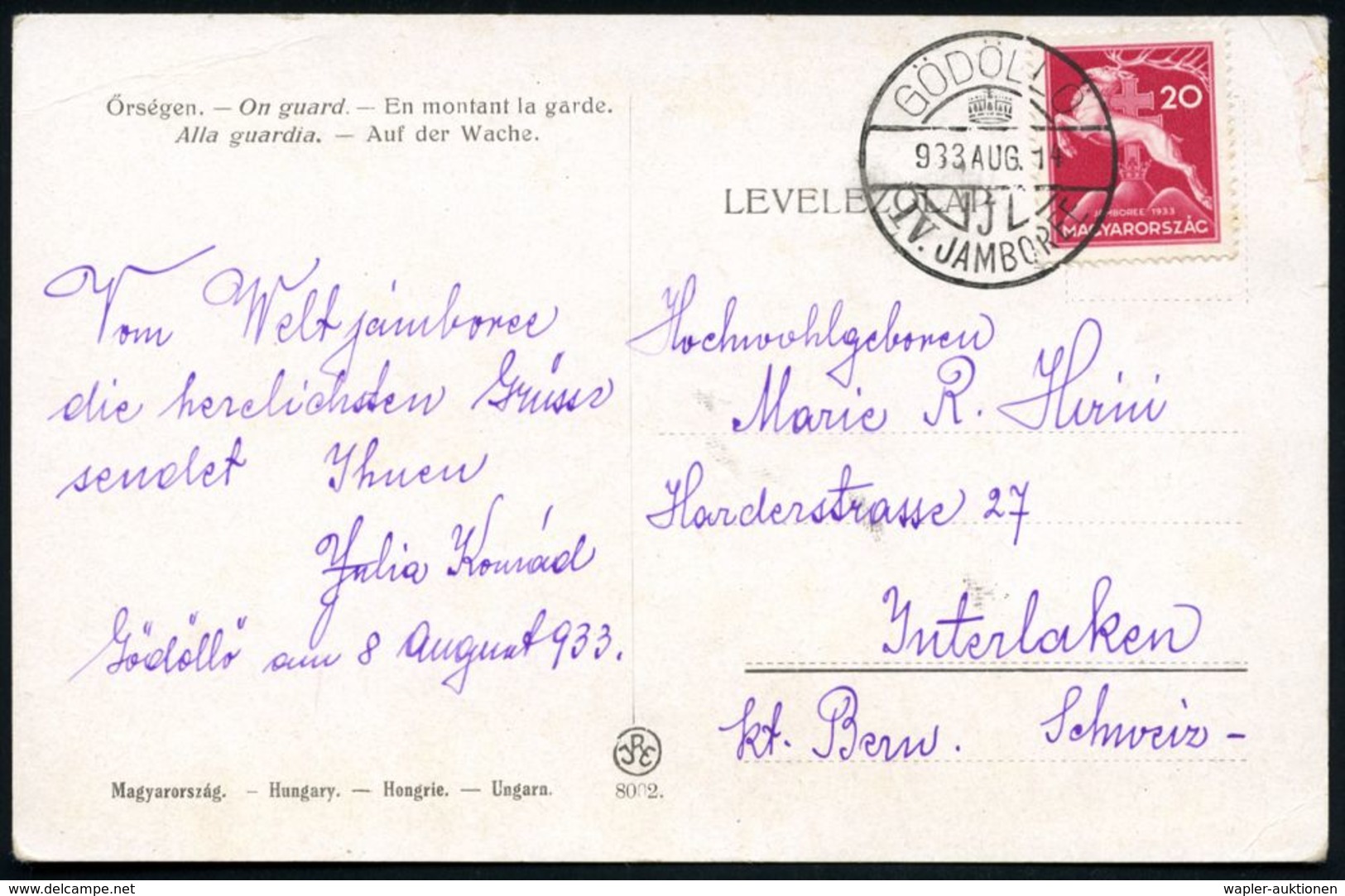 UNGARN 1933 (14.8.) 20 F. "Pfadfinder-Welttreffen", EF (Hirsch) + Passender SSt.: GÖDÖLLÖ/IV. JAMBOREE , Klar Gest. Colo - Cartas & Documentos