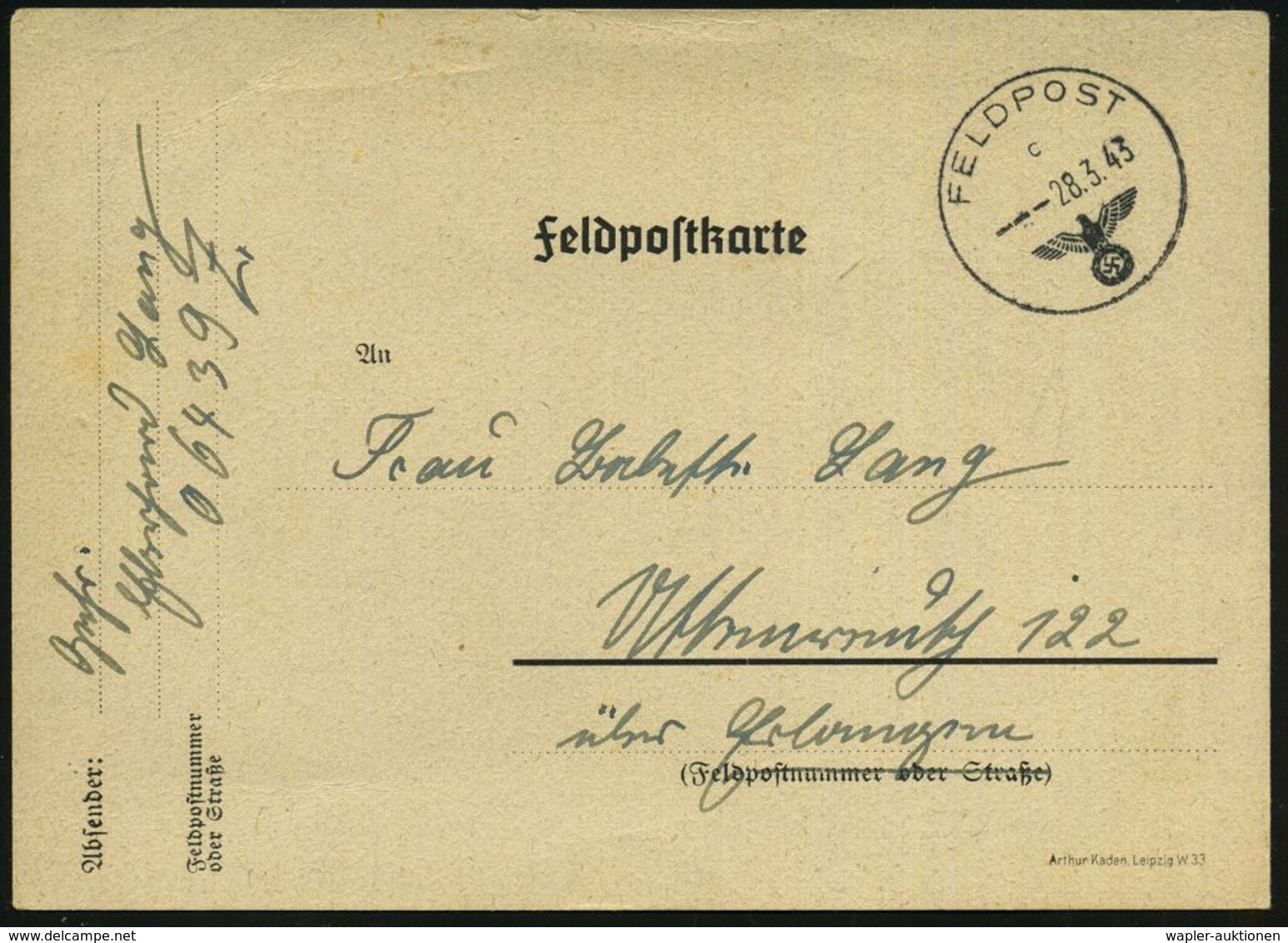 DEUTSCHES REICH 1943 (28.3.) 1K: FELDPOST/c/--- + Hs. Abs. Fp.Nr. 06439 = Ober-Kdo. Gruppe E, Geheime Feld-Polizei (Feld - Police - Gendarmerie