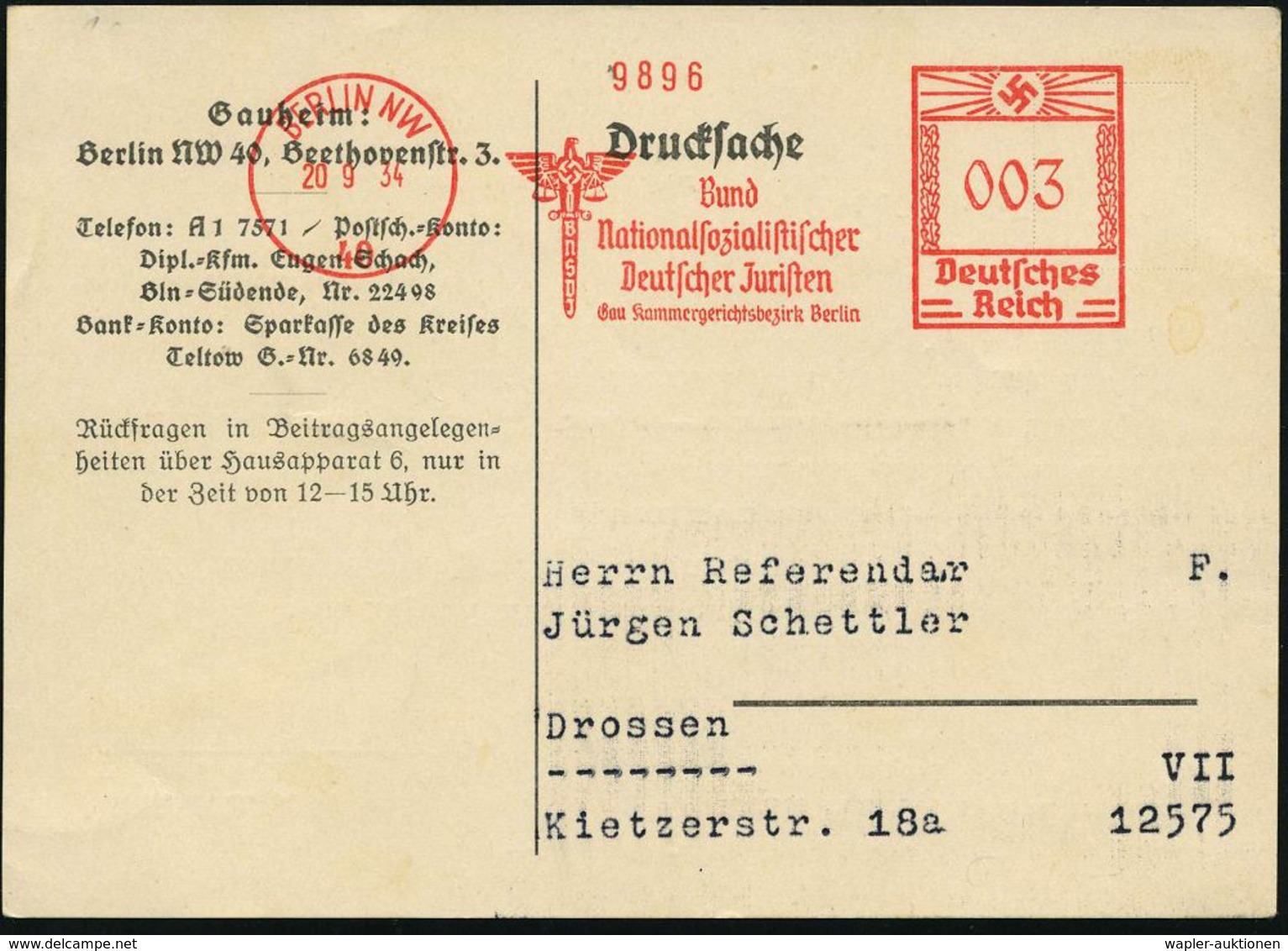 BERLIN NW/ 40/ BNSDJ/ Bund/ Nationalsozialistischer/ Deutscher Juristen.. 1934 (20.9.) AFS= NS-Justiz-Logo Mit Hakenkreu - Police - Gendarmerie