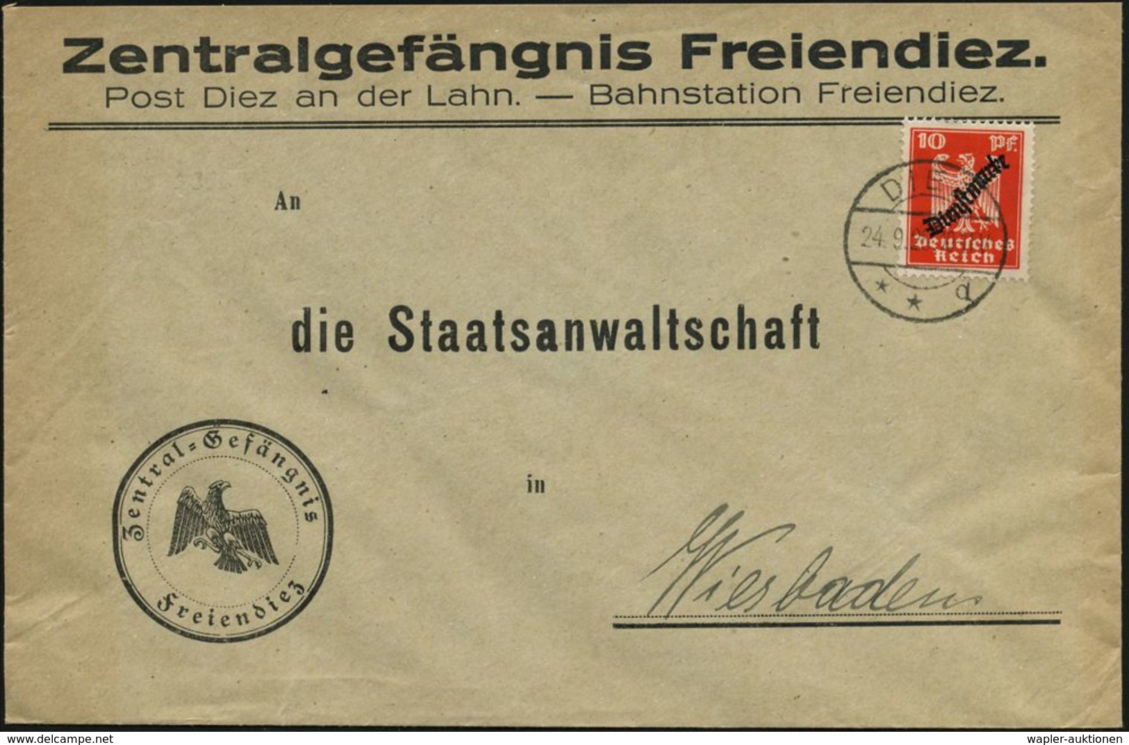 DIEZ/ **d 1925 (24.9.) 1K-Brücke Auf EF Dienst 10 Pf. Adler, Klar Gest. Dienst-Bf.: Zentralgefängnis Freiendiez  (Mi.D 1 - Police - Gendarmerie