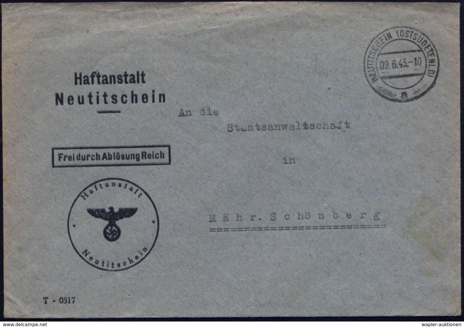 NEUTITSCHEIN (OSTSUDETENLD)/ A 1943 (9.6.) 2K-Steg Auf Dienst-Bf.: FdAR/ Haftanstalt Neutitschein (rs. Klappe Fehlt) Kla - Police - Gendarmerie