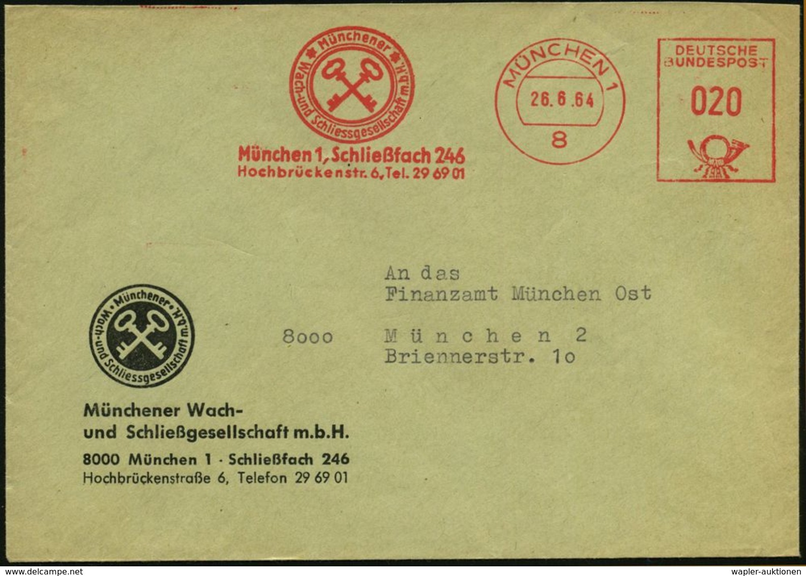 8 MÜNCHEN 1/ Münchener/ Wach-u.Schließgesellschaft 1964 (26.6.) AFS = 2 Schlüssel Klar Auf Motivgleichem Firmen-Bf.  (Dü - Police - Gendarmerie