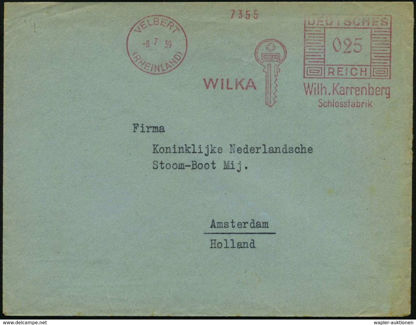 VELBERT/ (RHEINLAND)/ ../ Wilh.Karrenberg/ Schlossfabrik 1939 (8.7.) AFS = Sicherheitsschlüssel , Rs. Abs.-Vordr., Klar  - Police - Gendarmerie