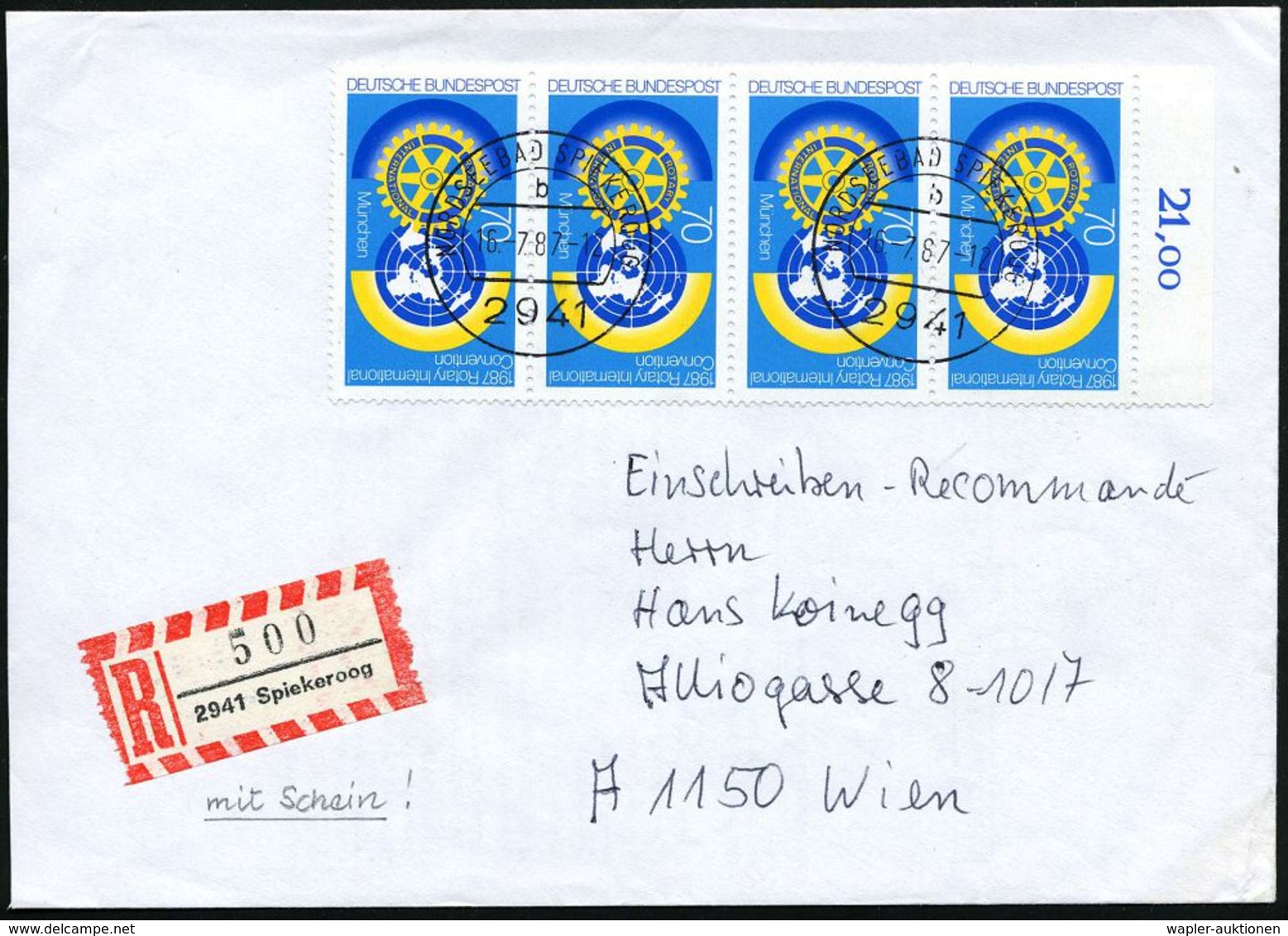 B.R.D. 1987 (16.7.) 70 Pf. "Rotary-Weltkongreß", Reine MeF: Senkr. 4er-Streifen , 1K + RZ: 2941 Spiekeroog, Klar Gest. I - Rotary, Lions Club