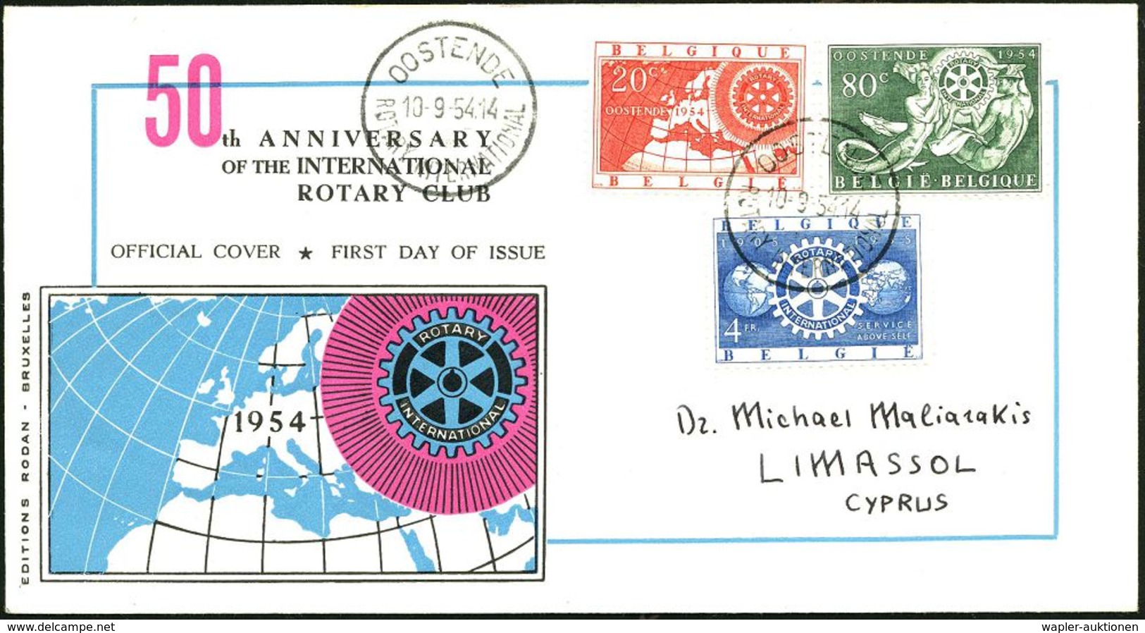 BELGIEN 1954 (10.9.) SSt: OOSTENDE/ROTARY INTERNATIONAL A. Kompl. Satz Rotary-Jubil. 2x Auf Ausl.-FDC-SU  (Mi.1001/3) - - Rotary, Lions Club