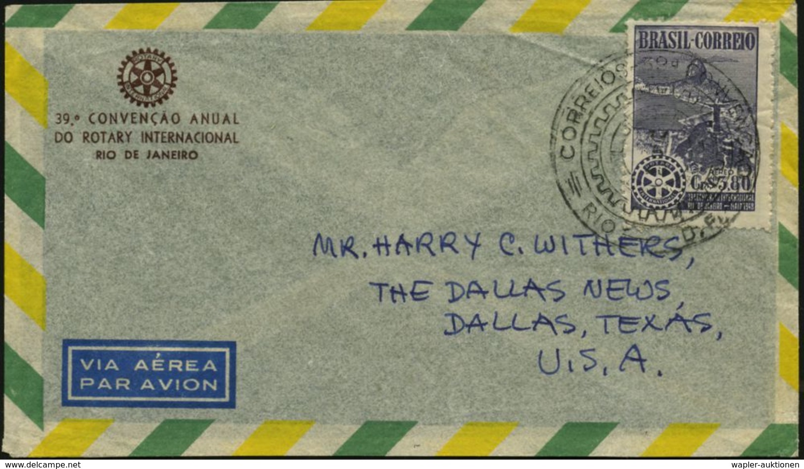 BRASILIEN 1948 3,80 Cr. "39. Rotary-Kongress", EF + Rotary-SSt: RIO (teils Etw.undeutl.) Auf Rotary-SU: 39a CONVENCAO AN - Rotary, Lions Club