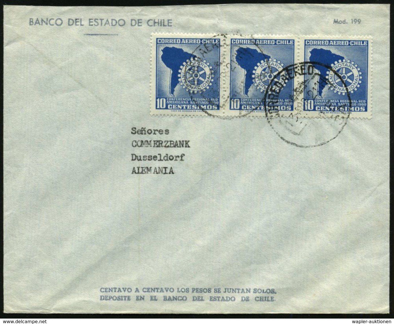 CHILE 1962 (13.4.) 10 C. "Rotary-Regional-Konfrenz Südamrika", Reine MeF: Horizontaler 3er-Streifen , Sauber Gest. Übers - Rotary, Lions Club